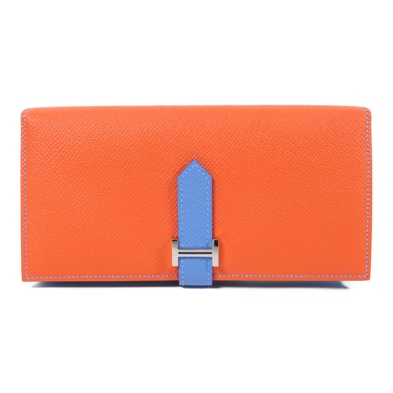 HERMES 【激減優惠】Epsom皮革Bearn Wallet銀扣長錢包深橙色/天堂藍色