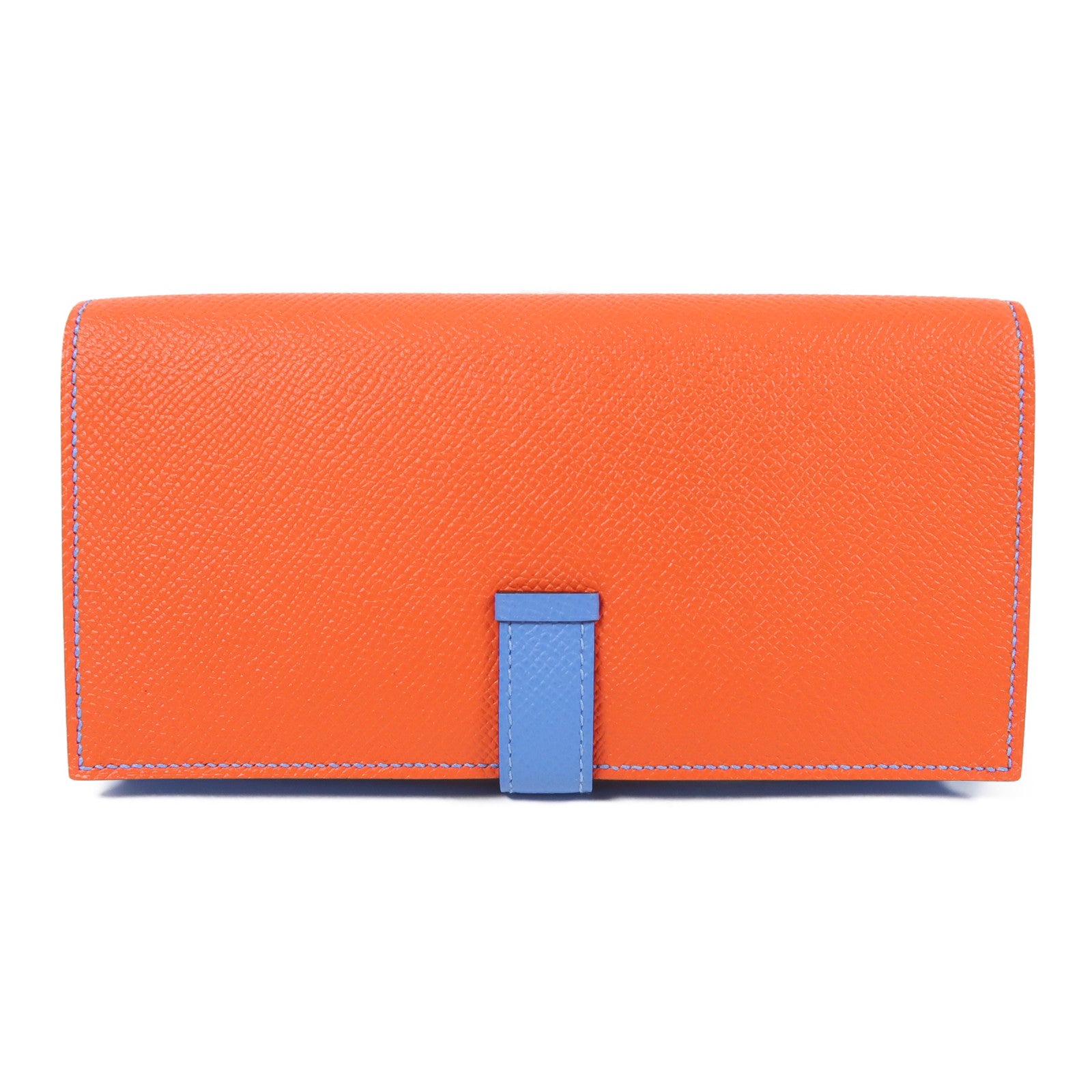 HERMES 【激減優惠】Epsom皮革Bearn Wallet銀扣長錢包深橙色/天堂藍色