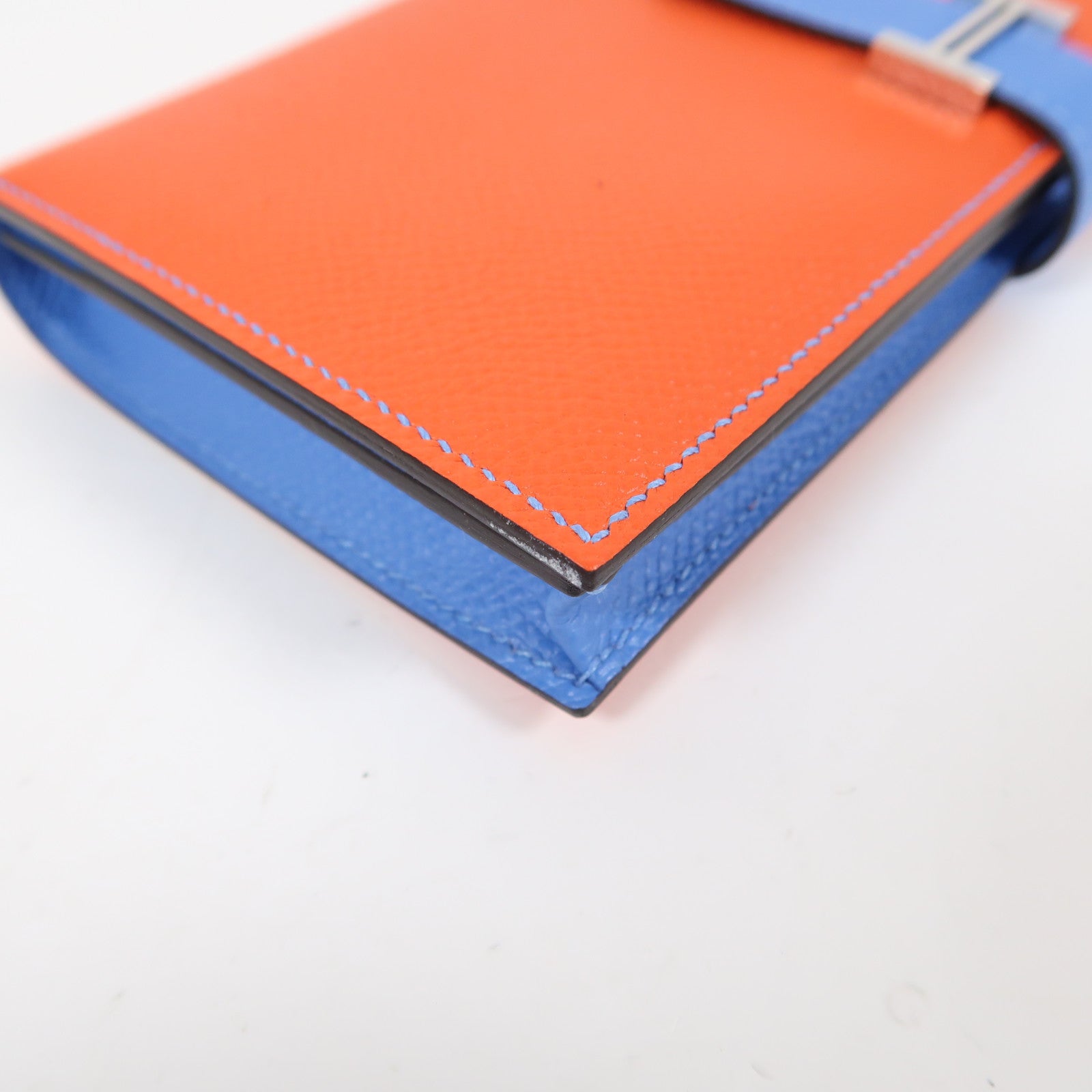 HERMES 【激減優惠】Epsom皮革Bearn Wallet銀扣長錢包深橙色/天堂藍色