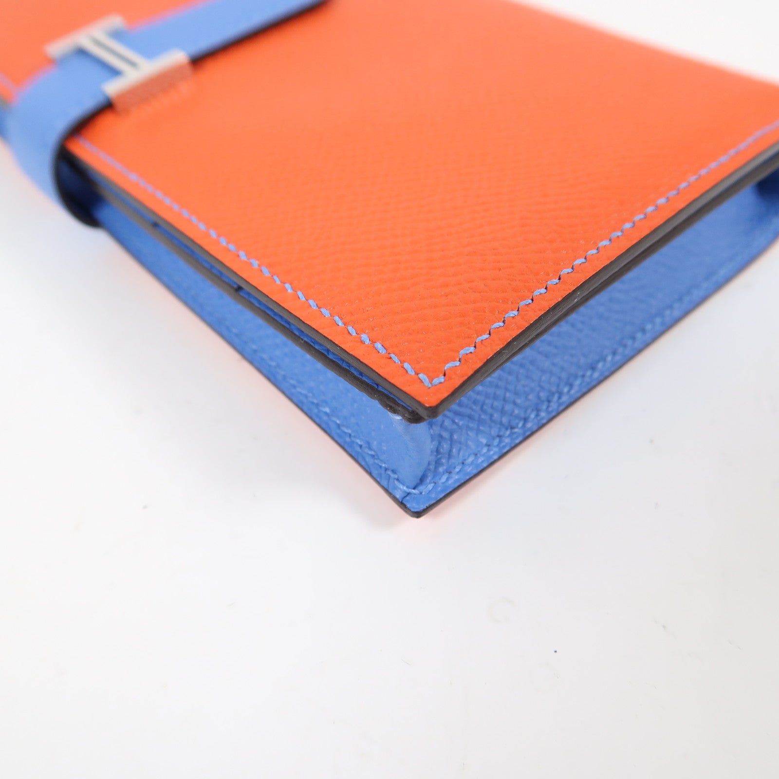 HERMES 【激減優惠】Epsom皮革Bearn Wallet銀扣長錢包深橙色/天堂藍色