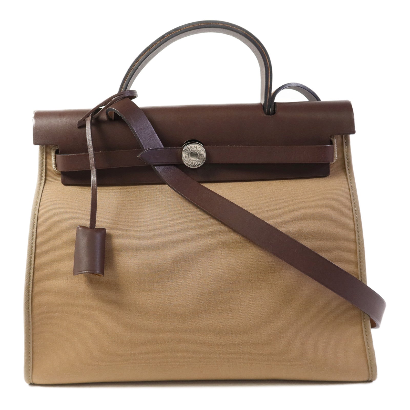 HERMES 帆布Herbag PM銀扣手挽肩背兩用袋Etoupe