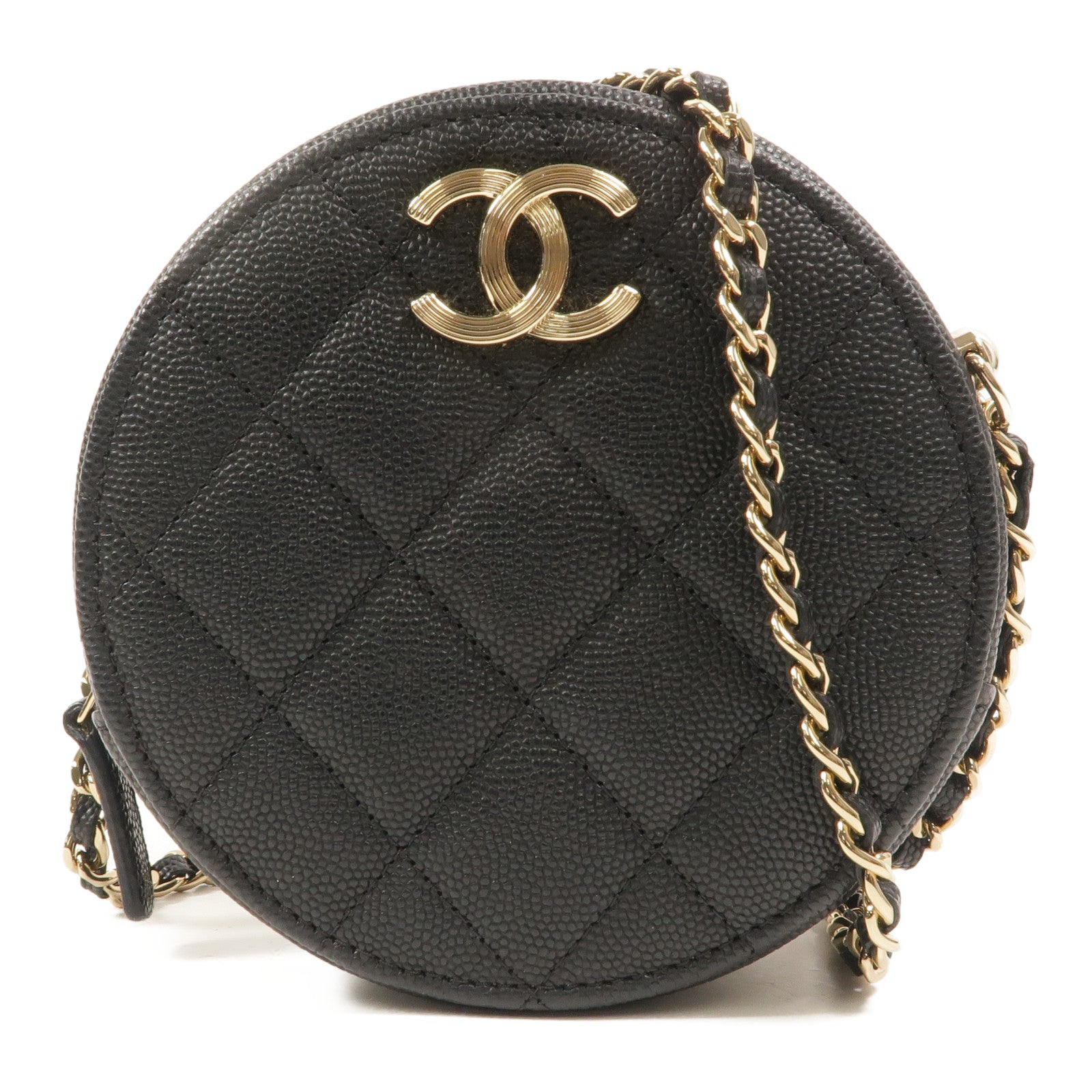 CHANEL 牛皮皮革Round Vanity Case鏈帶肩背袋