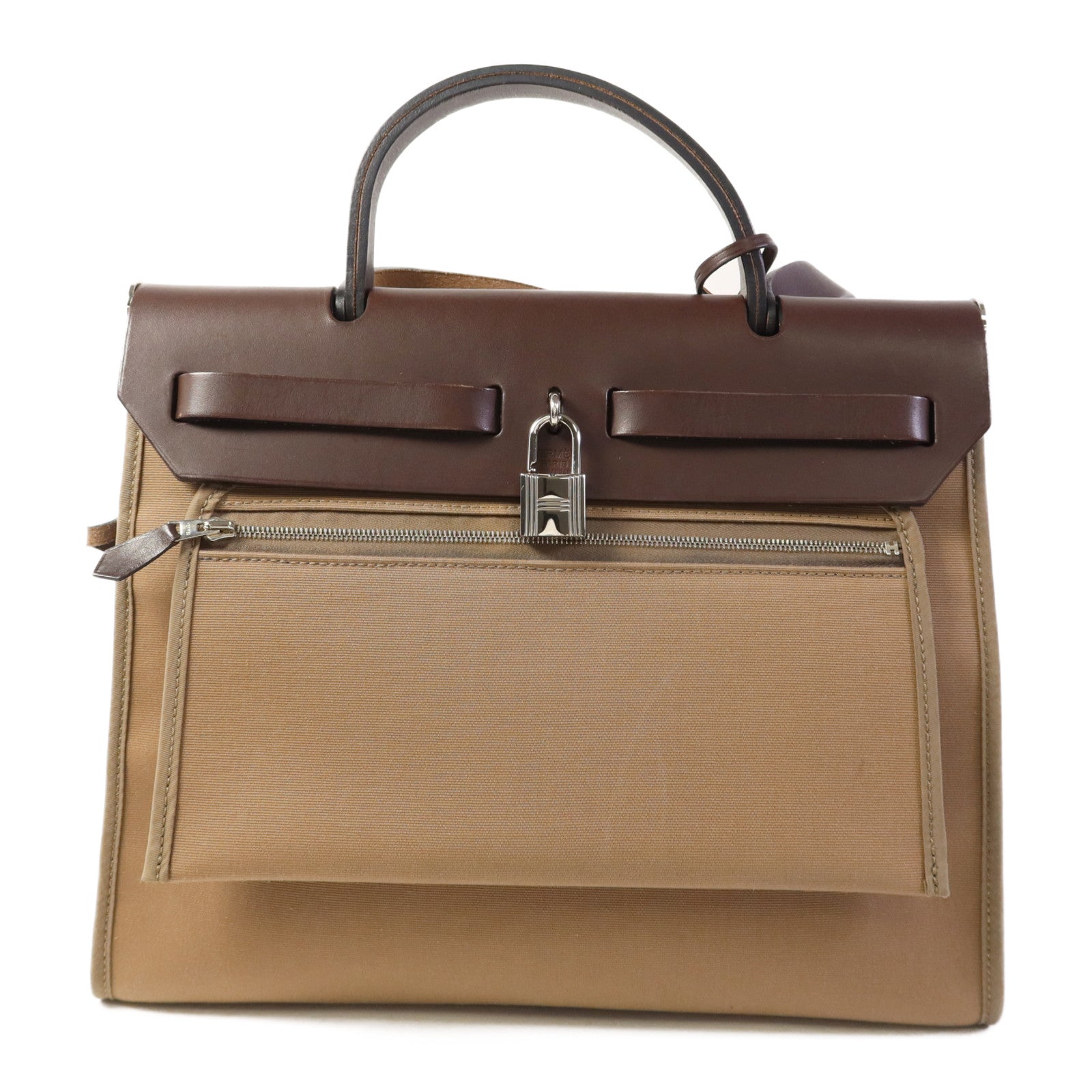 HERMES 帆布Herbag PM銀扣手挽肩背兩用袋Etoupe