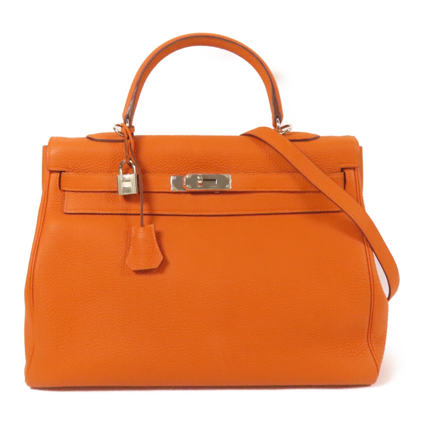 HERMES Clemence皮革Kelly 35銀扣手挽肩背兩用袋Classic Orange