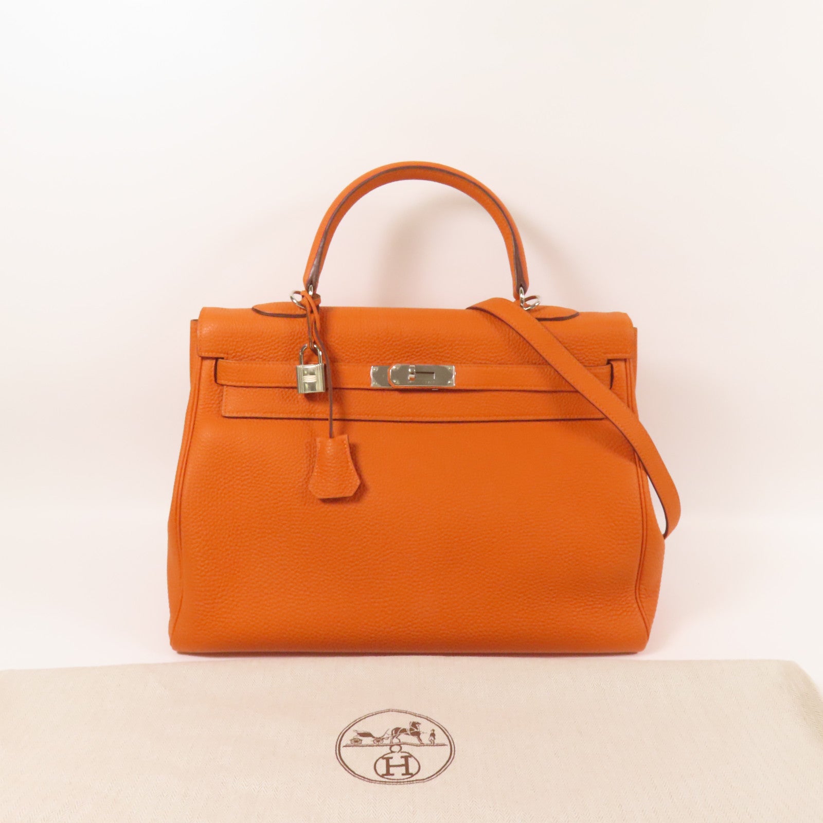HERMES Clemence皮革Kelly 35銀扣手挽肩背兩用袋Classic Orange