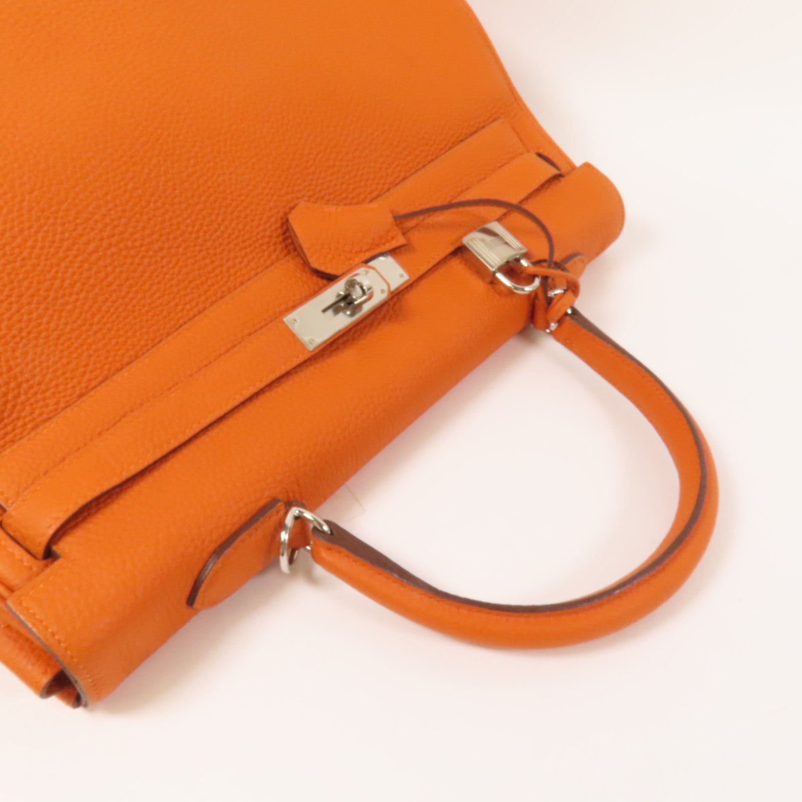 HERMES Clemence皮革Kelly 35銀扣手挽肩背兩用袋Classic Orange