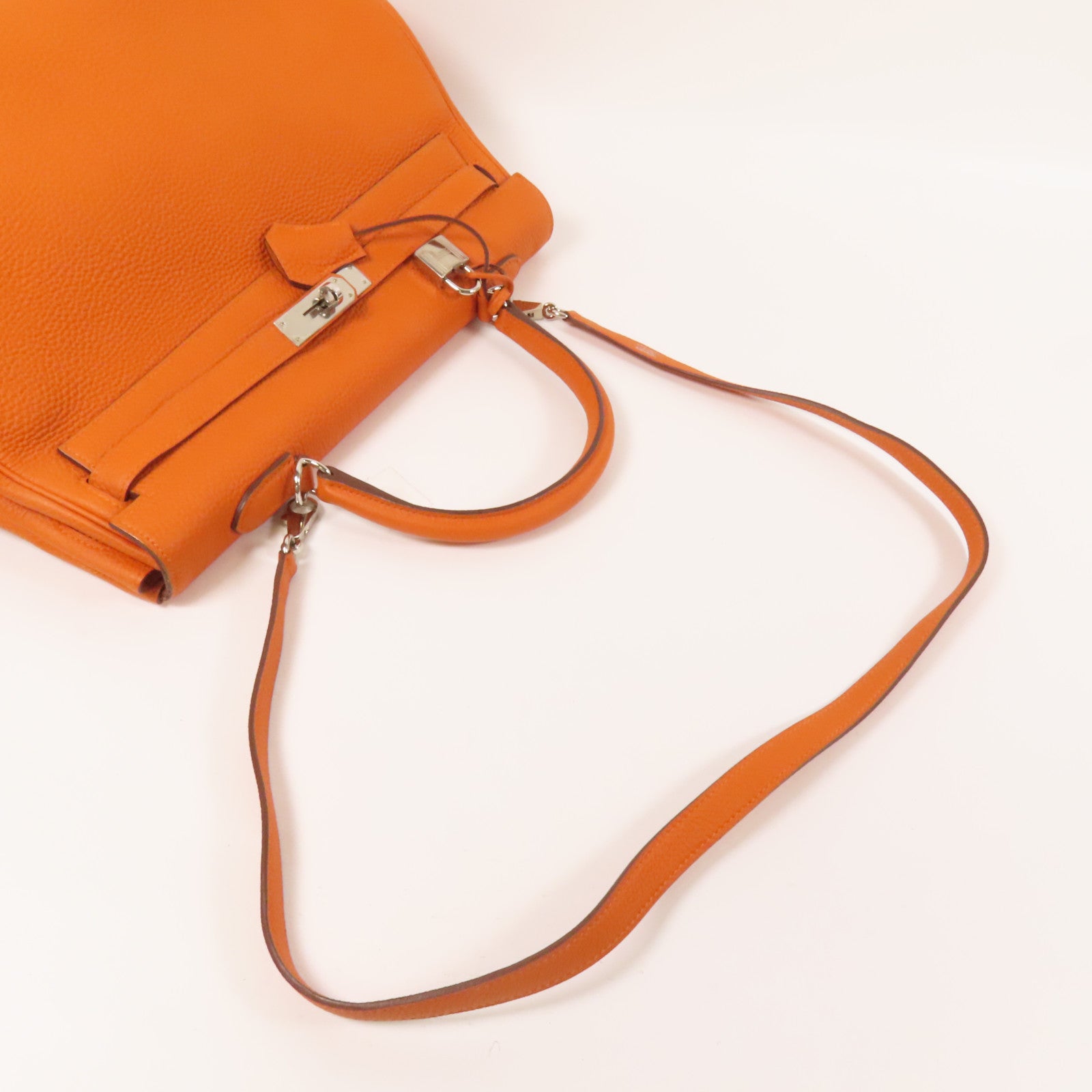 HERMES Clemence皮革Kelly 35銀扣手挽肩背兩用袋Classic Orange