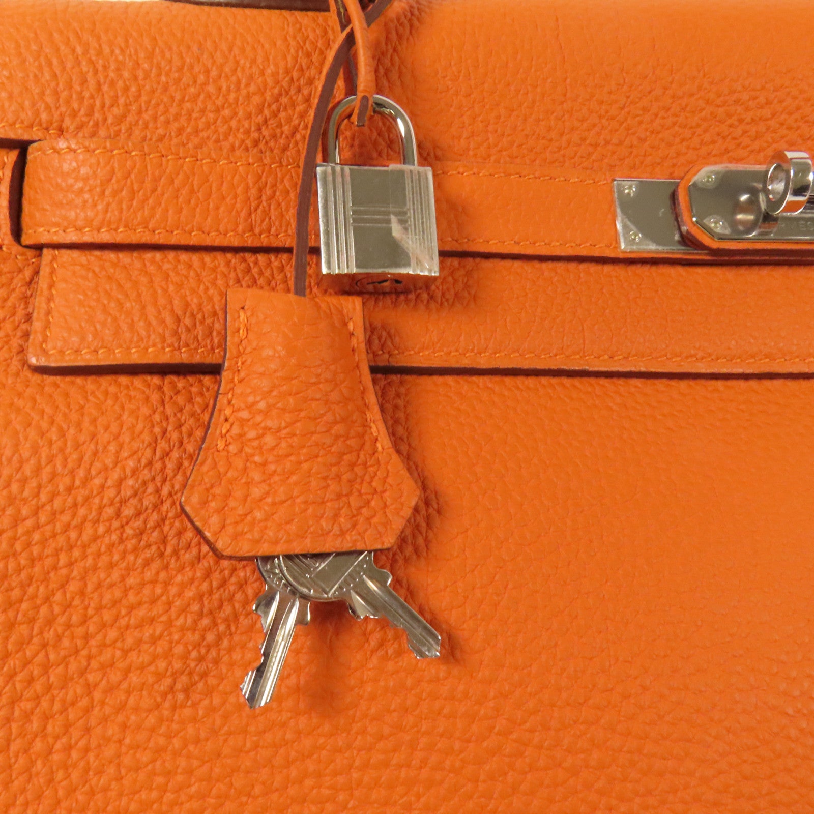 HERMES Clemence皮革Kelly 35銀扣手挽肩背兩用袋Classic Orange