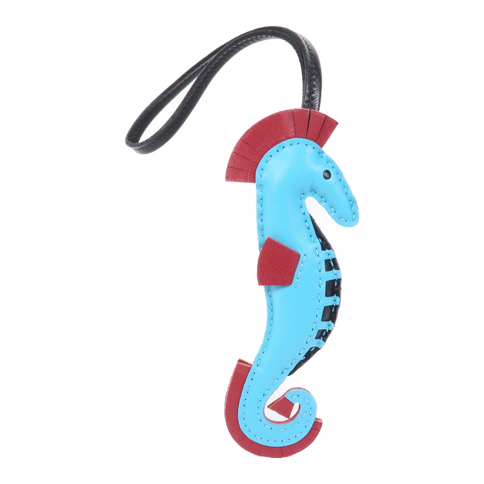 HERMES Seahorse Hanging Charm Swift Leather Light Blue/Red