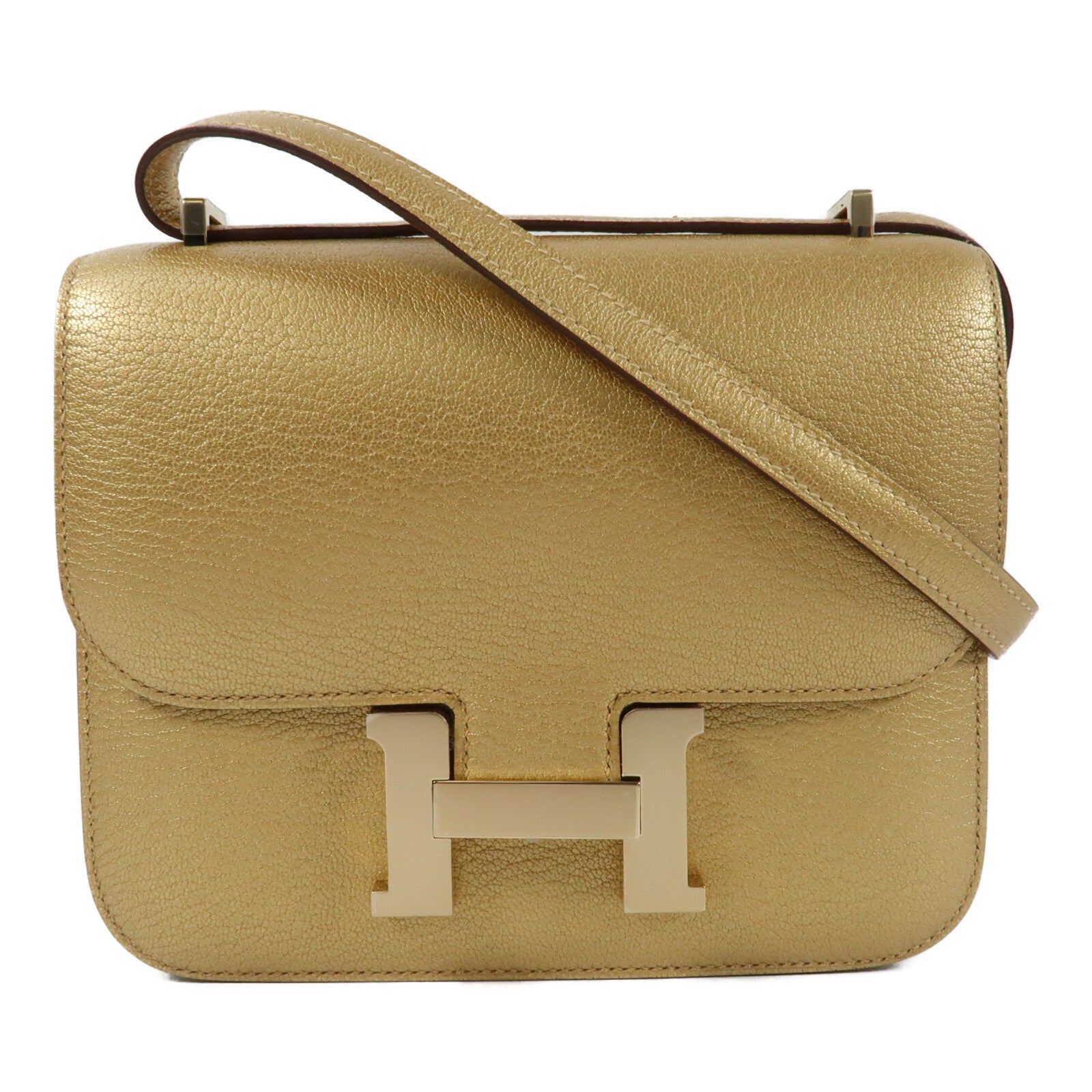HERMES Chevre皮革Constance Mini金扣肩背袋Dore