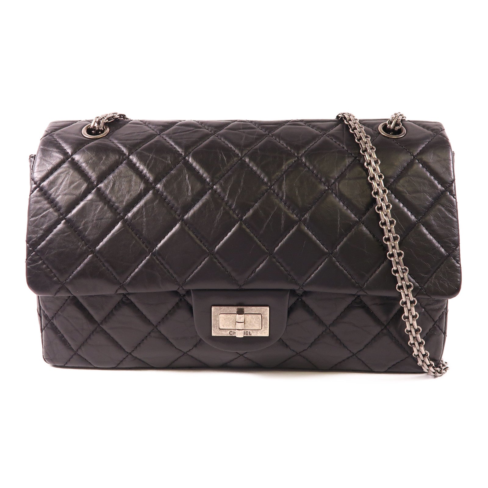 CHANEL 牛皮皮革2.55 Jumbo銀扣鏈帶肩背袋