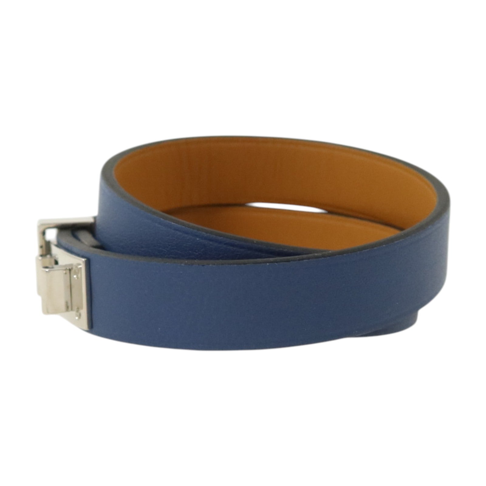 HERMES Swift皮革Mini Dog Double Tour Bracelet銀扣手鏈Bleu Brighton