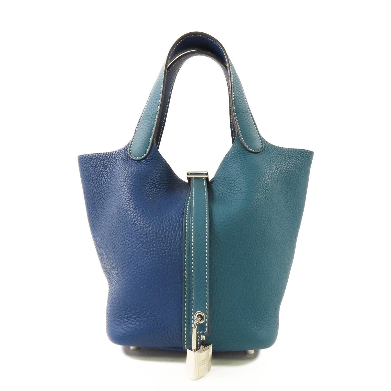 HERMES 【激減優惠】Clemence皮革Picotin PM銀扣手挽袋Vert Bosphore/Deep Blue