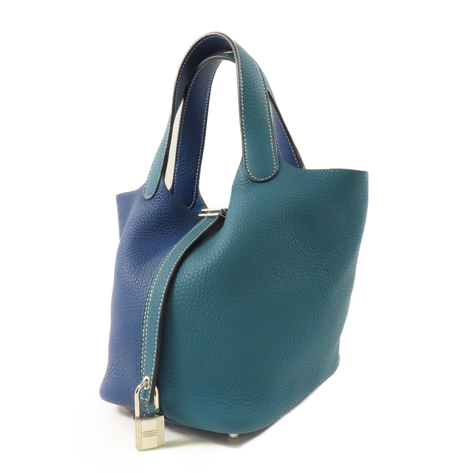 HERMES 【激減優惠】Clemence皮革Picotin PM銀扣手挽袋Vert Bosphore/Deep Blue