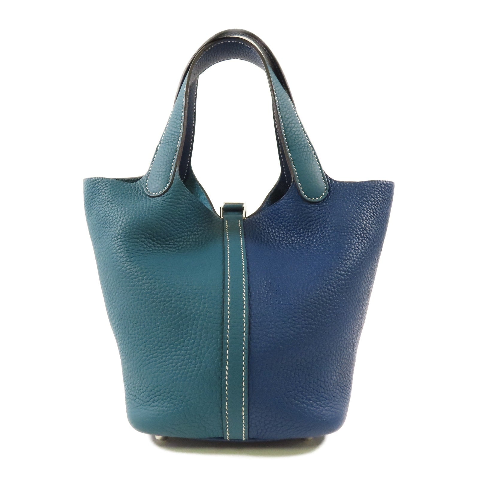 HERMES 【激減優惠】Clemence皮革Picotin PM銀扣手挽袋Vert Bosphore/Deep Blue