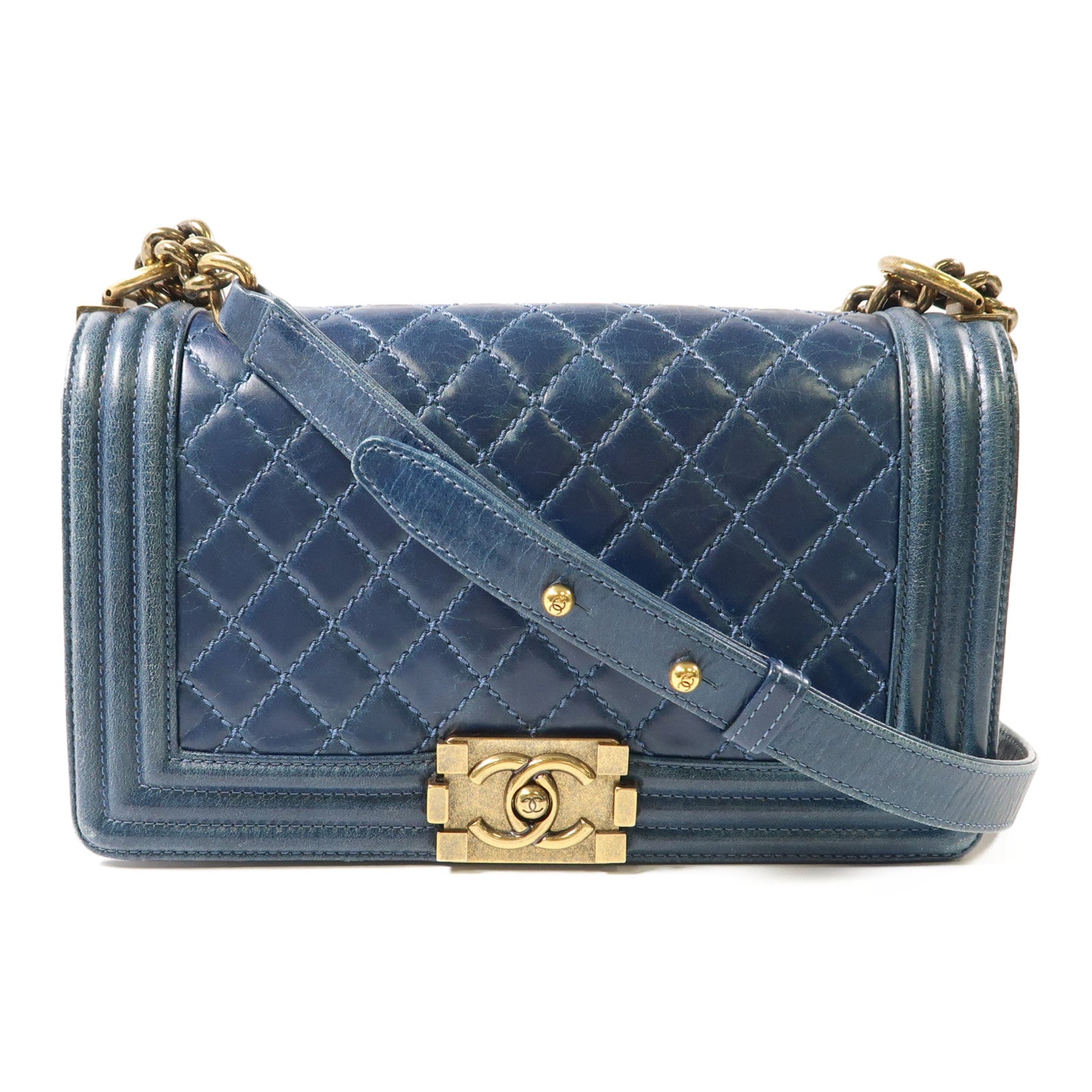 CHANEL CC GHW Boy 25 Chain Shoulder Bag Lambskin Leather Blue