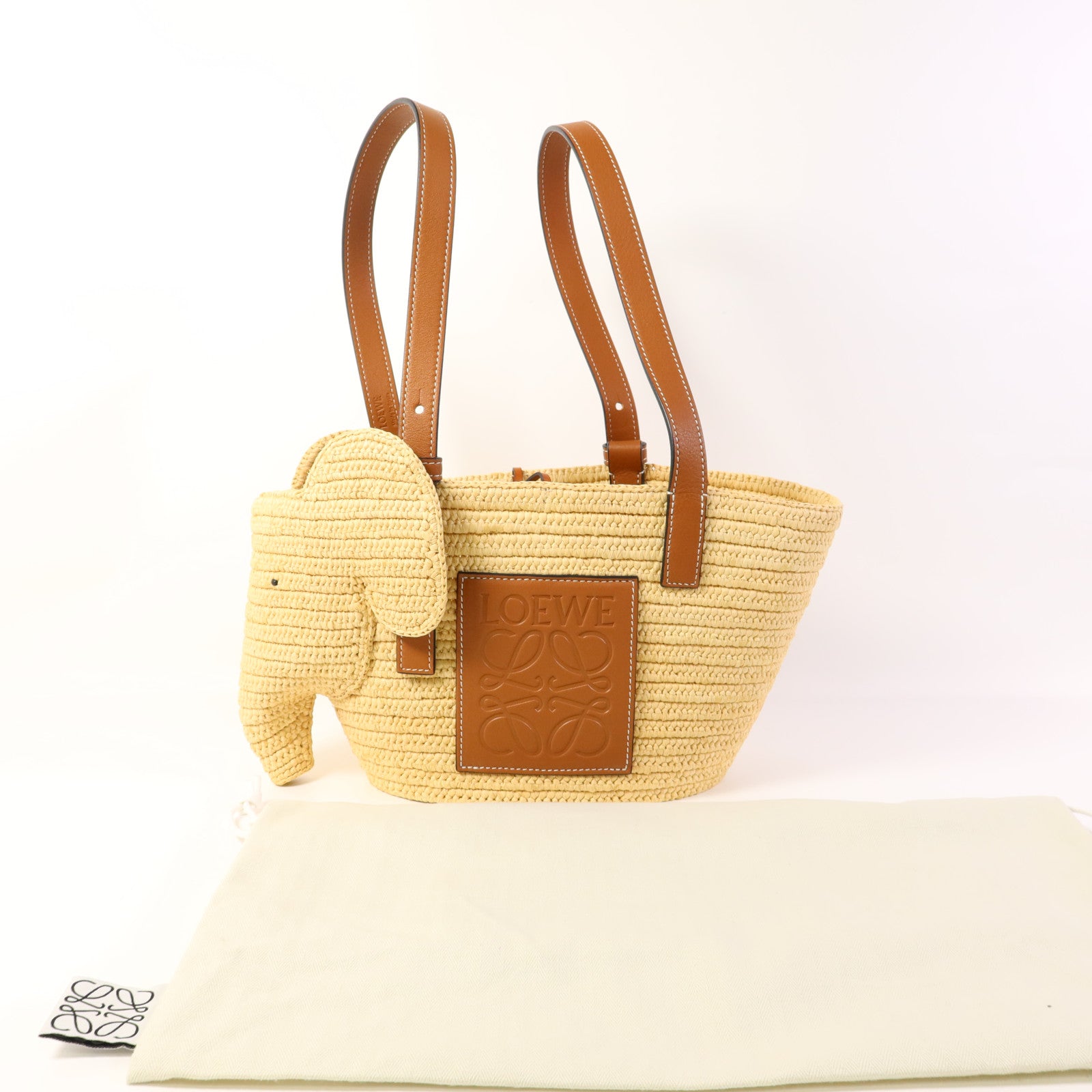 LOEWE 酒椰/牛皮皮革Small Elephant Basket Bag銀扣肩背袋/手挽袋