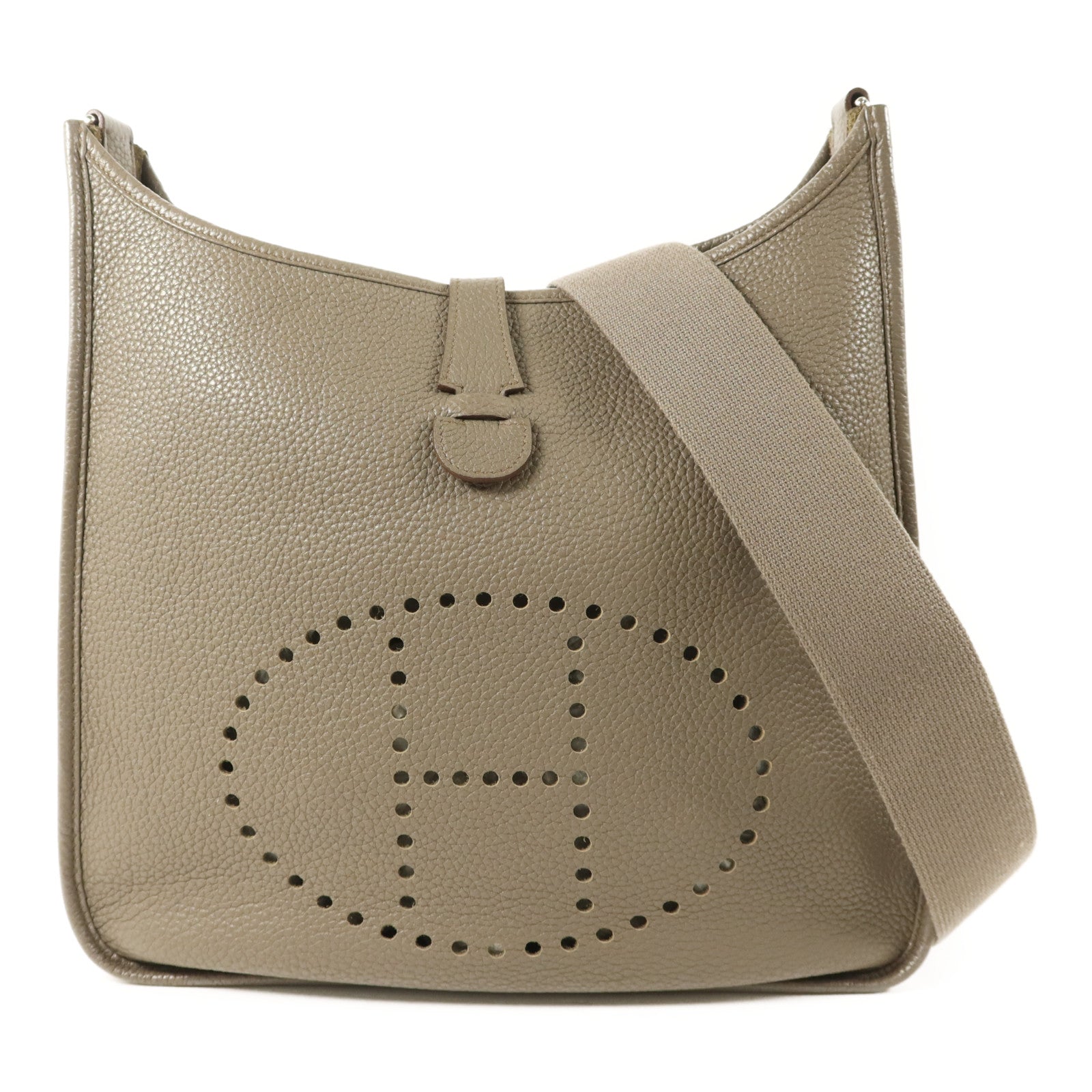 HERMES Clemence皮革Evelyne GM銀扣肩背袋Etoupe