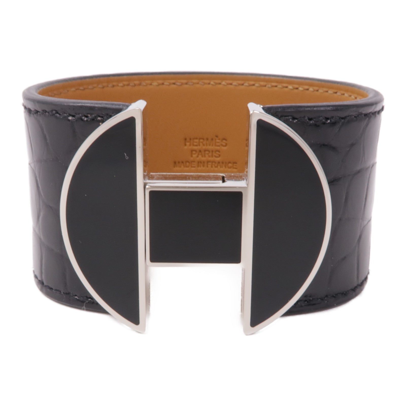 HERMES 【激減優惠】鱷魚皮革2002 Manchette銀扣手鐲Noir