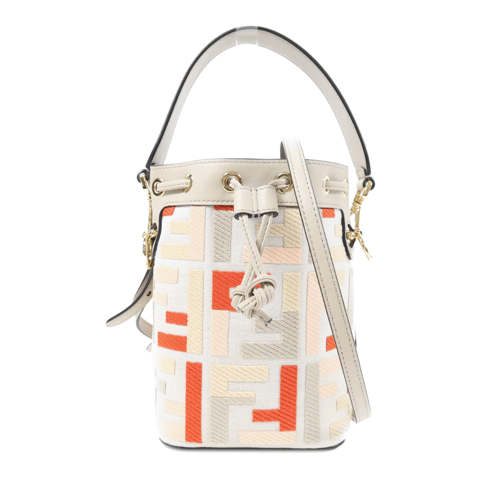 FENDI GHW Mini Mon Tresor 2 Way Shoulder Handbag Canvas/Calfskin Grey/Beige/Pink