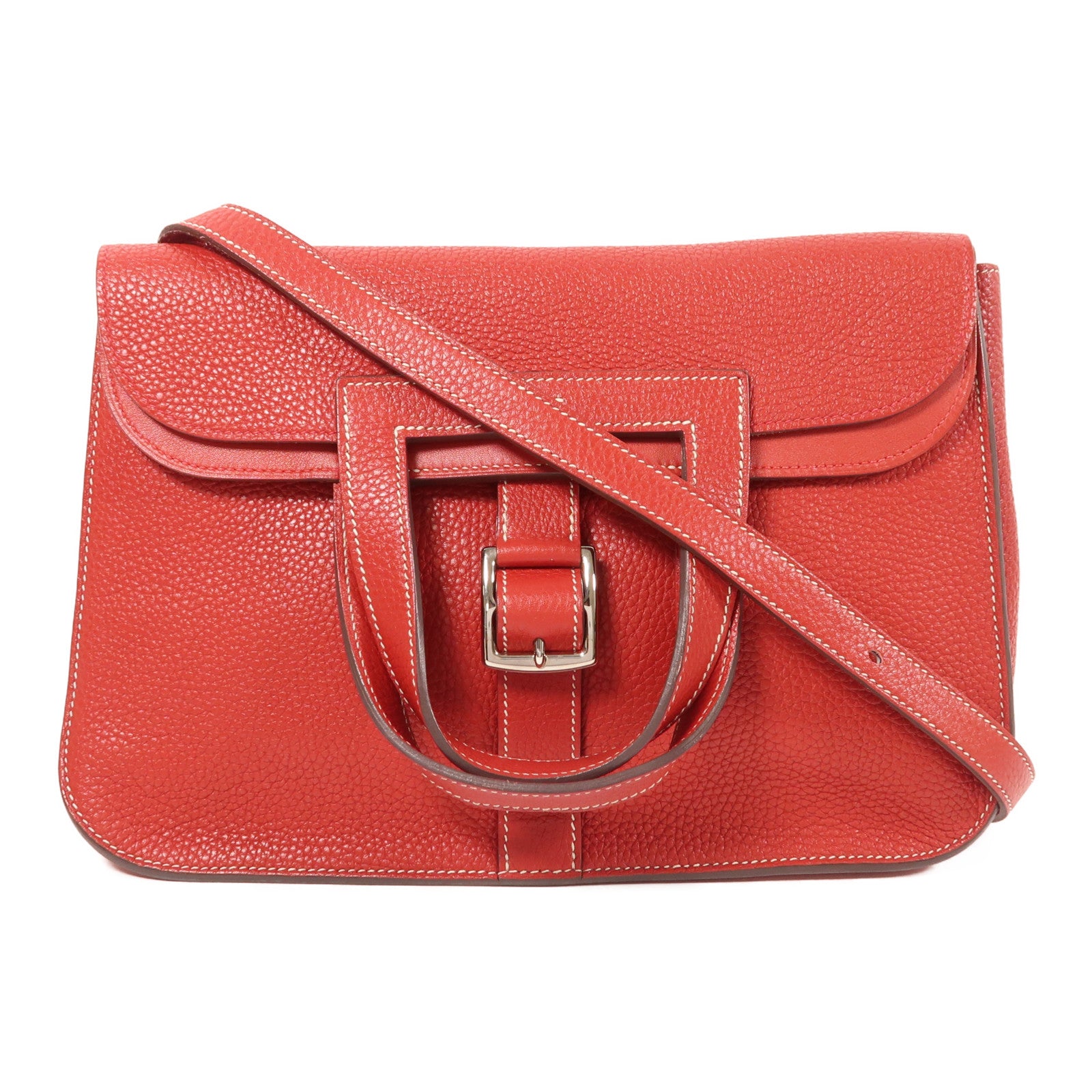 HERMES Togo皮革Halzan 31銀扣手挽肩背兩用袋Rouge Casaque