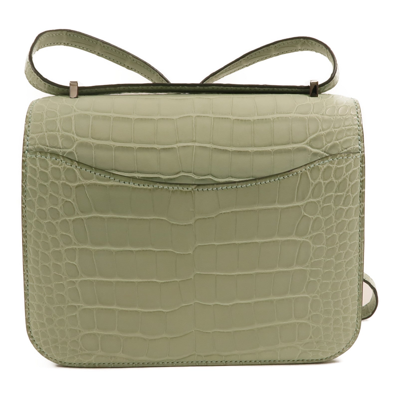 HERMES Alligator Mat皮革Constance Mini銀扣肩背袋Vert d'Eau