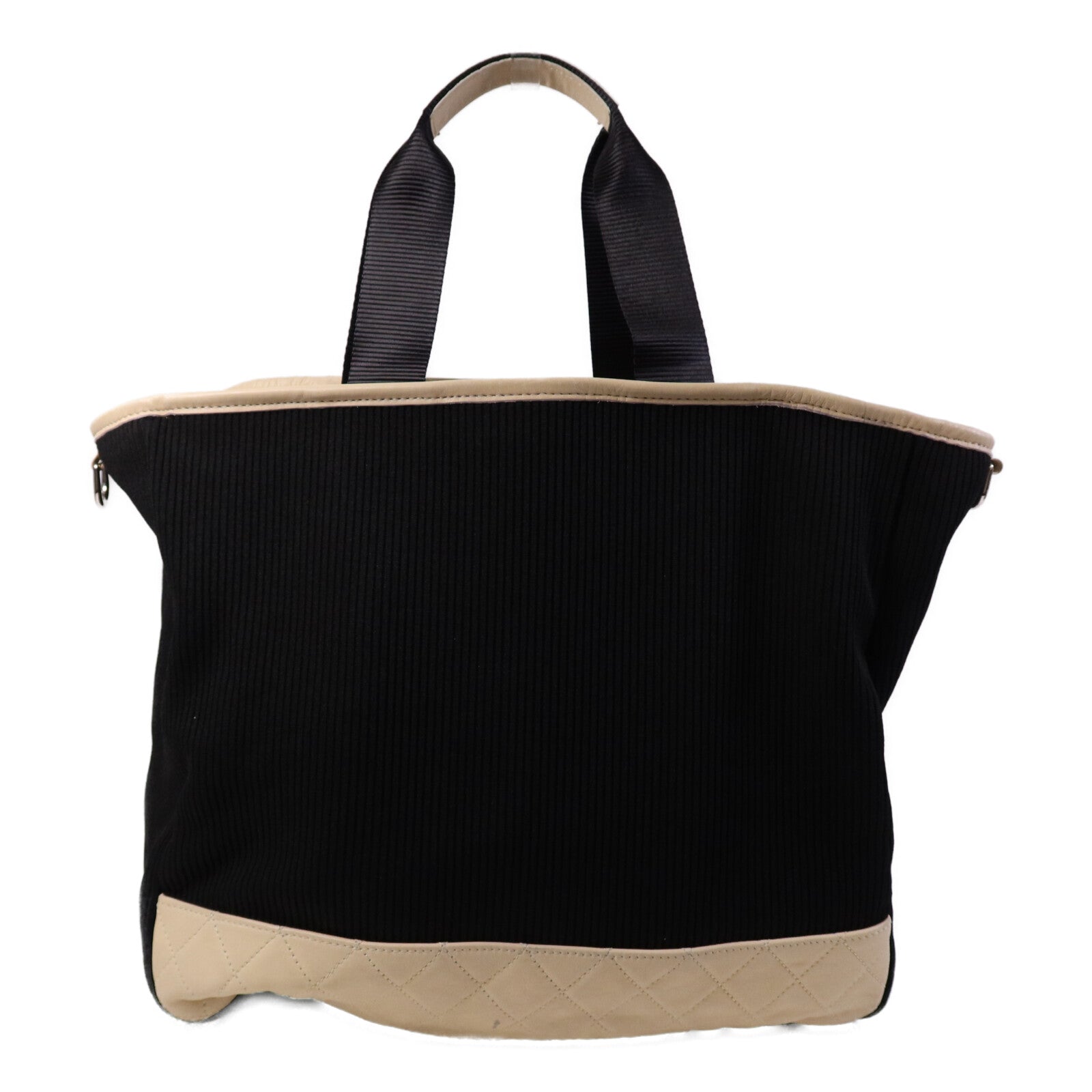 CHANEL 牛皮皮革/帆布Tote Bag銀扣肩背袋