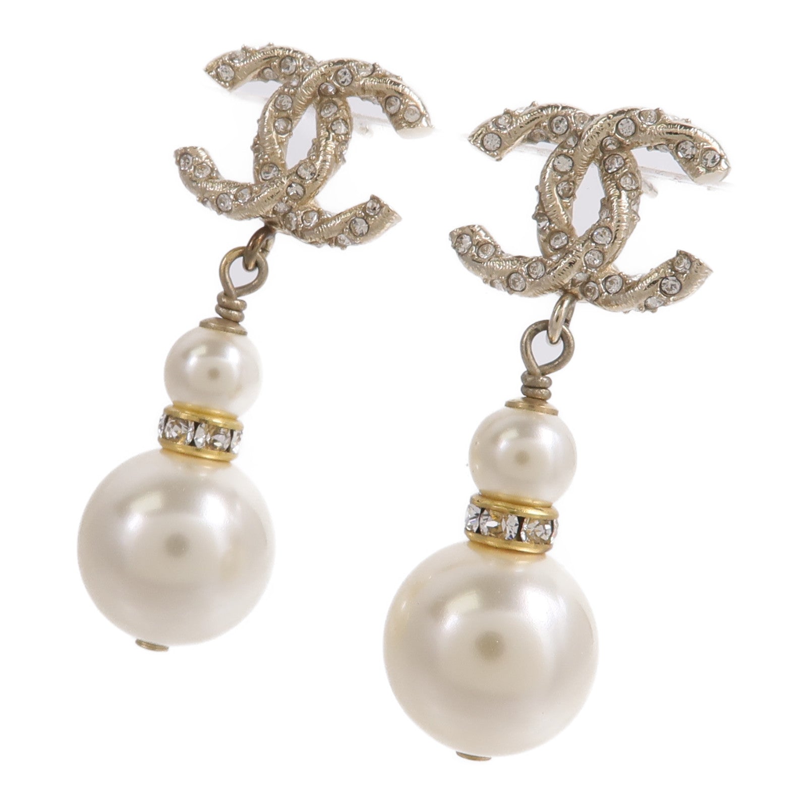 CHANEL 金屬CC Logo Double Pearl Earring耳環