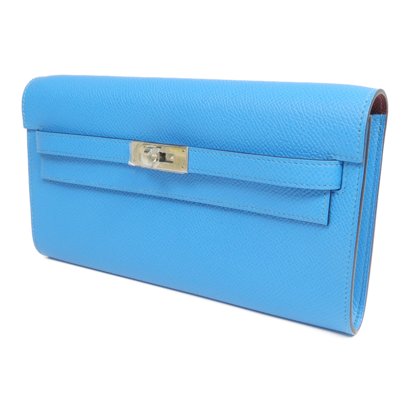 HERMES Epsom皮革Kelly To Go銀扣肩背袋Bleu Frida/Rouge Sellier
