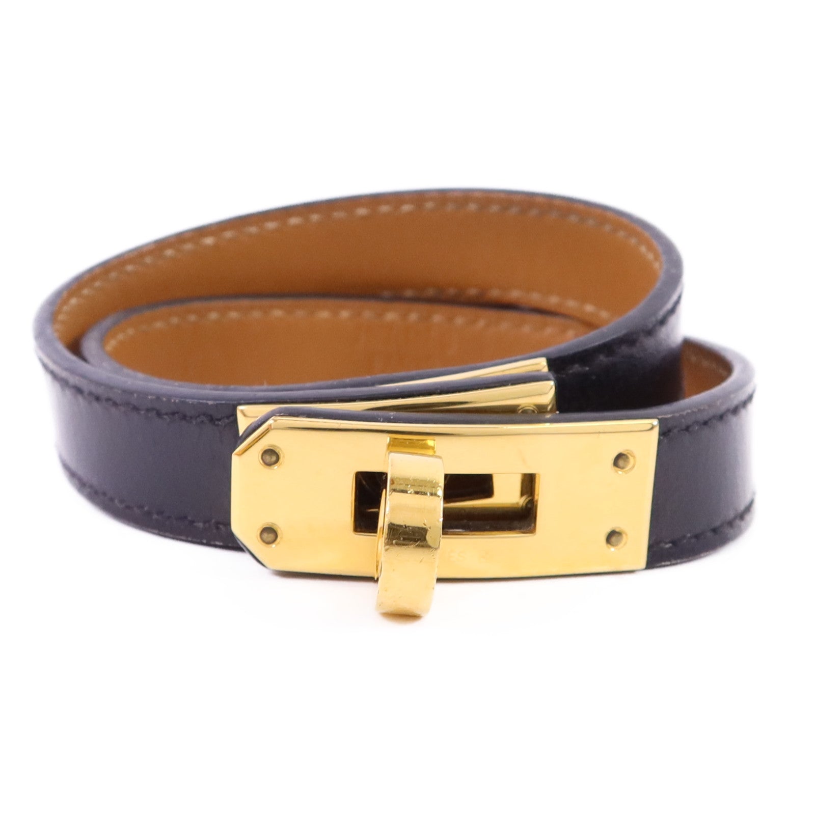 HERMES 皮革Kelly Double Tour Bracelet金扣手鐲Noir