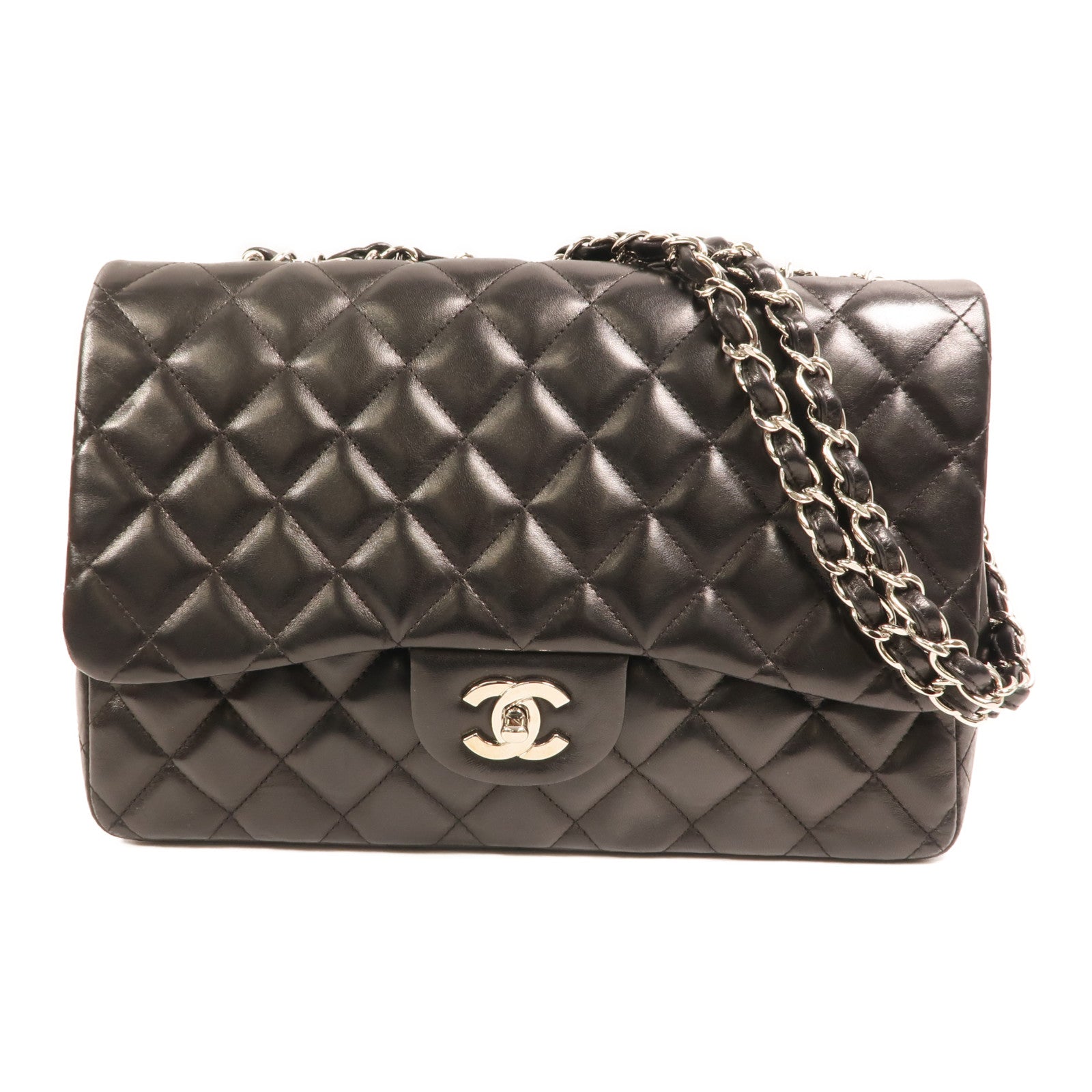 CHANEL 羊皮皮革Large Classic銀扣鏈帶肩背袋