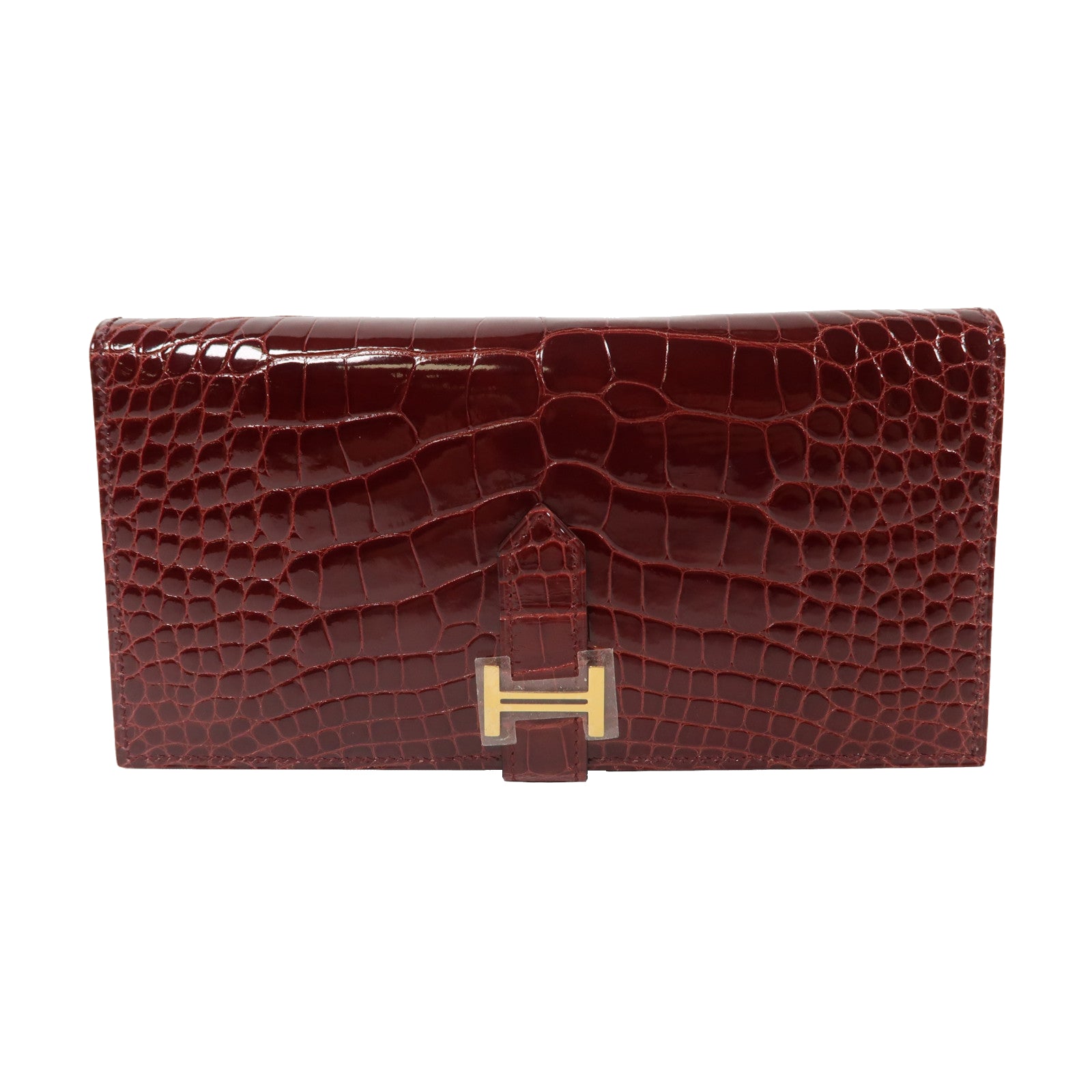 HERMES 【激減優惠】鱷魚皮革Bearn Wallet金扣長錢包紅色