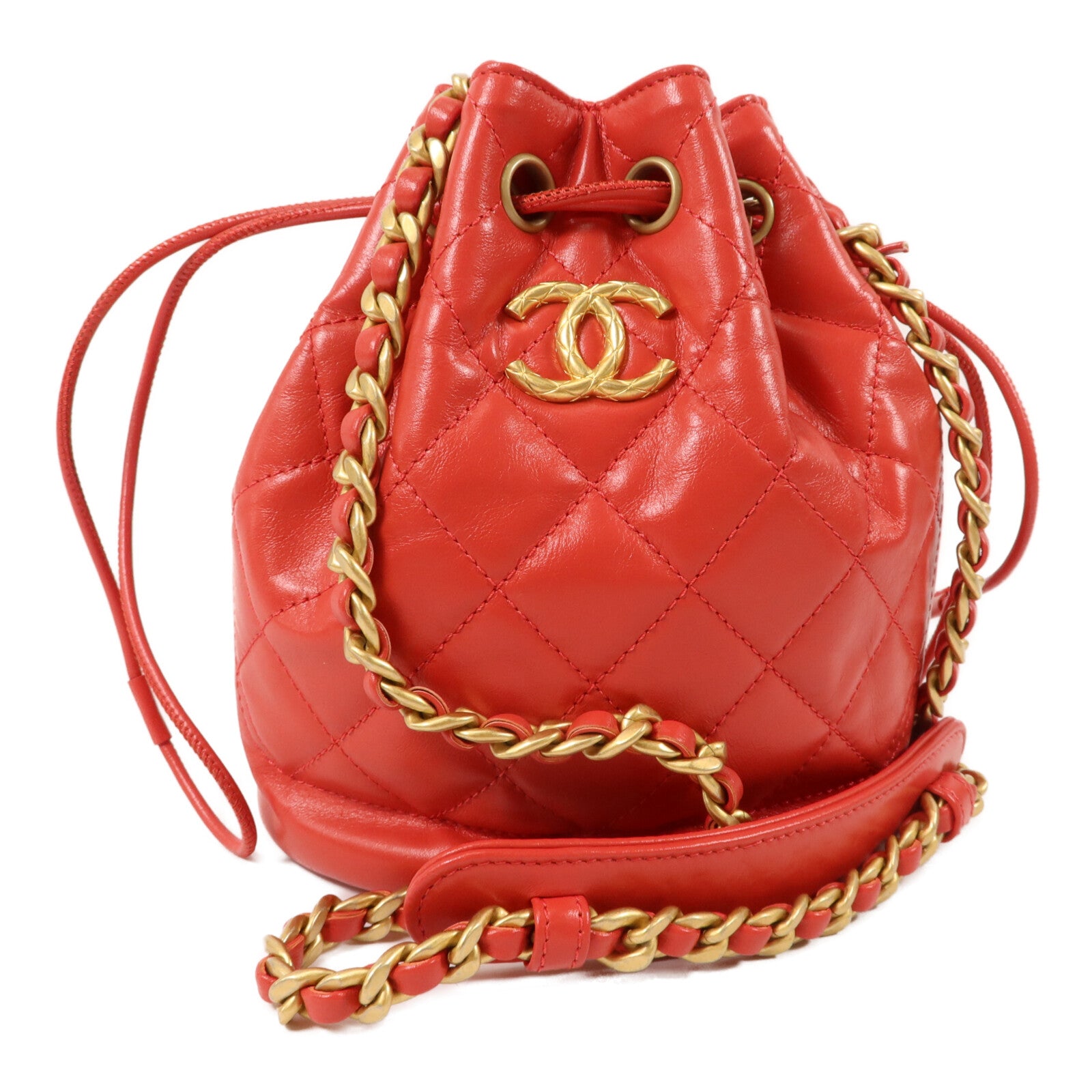 CHANEL 牛皮皮革Drawstring鏈帶肩背袋