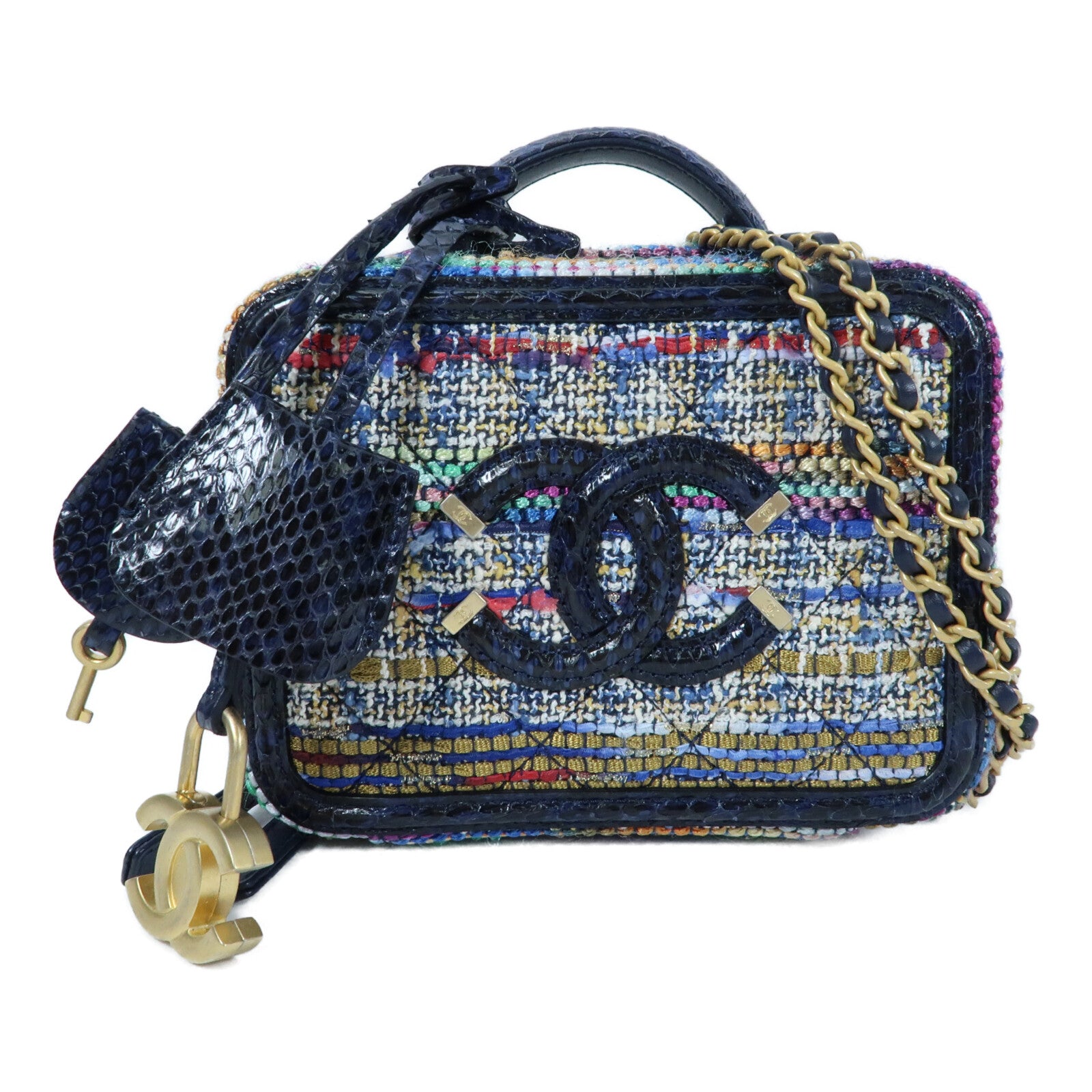 CHANEL Tweed/蛇皮皮革Vanity Case 17cm金扣鏈帶手挽肩背兩用袋