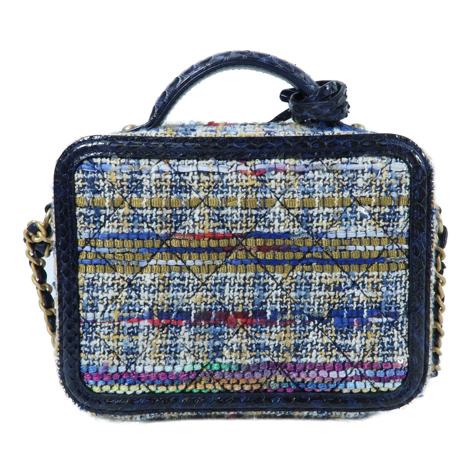 CHANEL Tweed/蛇皮皮革Vanity Case 17cm金扣鏈帶手挽肩背兩用袋
