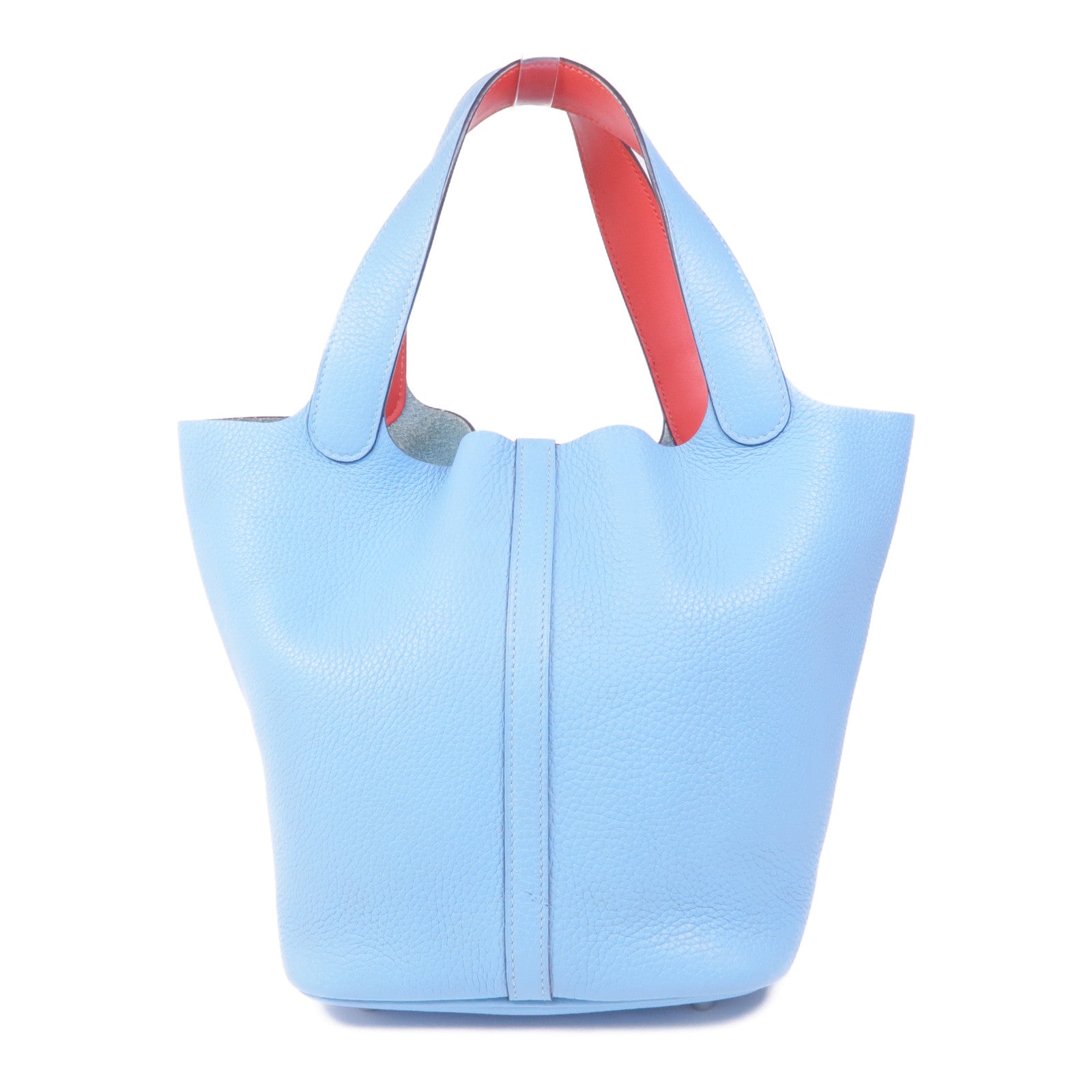 HERMES Clemence皮革Picotin MM銀扣手挽袋Bleu Atoll/Rouge De Coeur