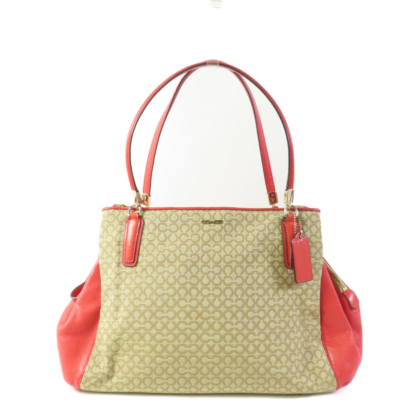 COACH GHW Shoulder Bag Canvas Leather Beige Red