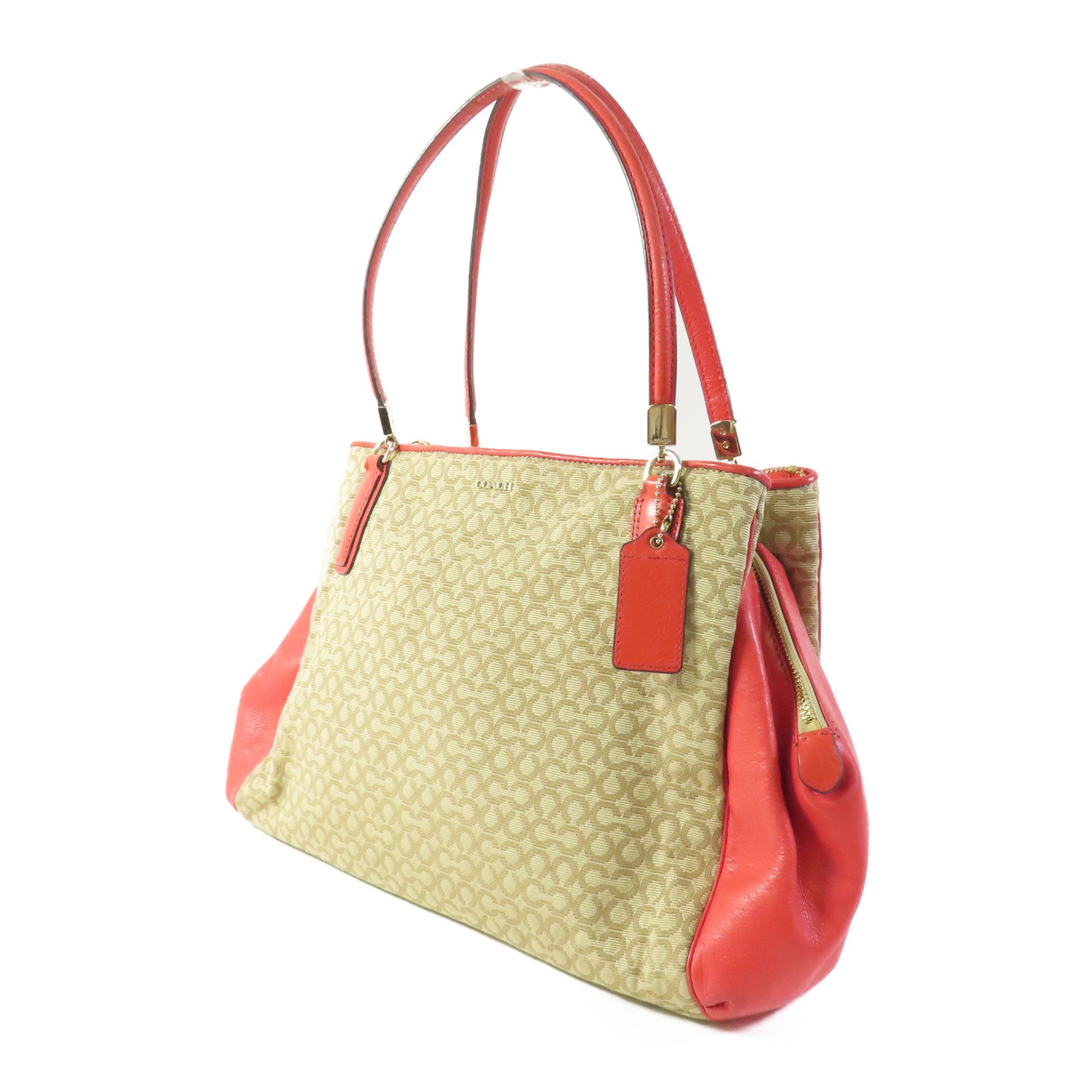 COACH GHW Shoulder Bag Canvas Leather Beige Red