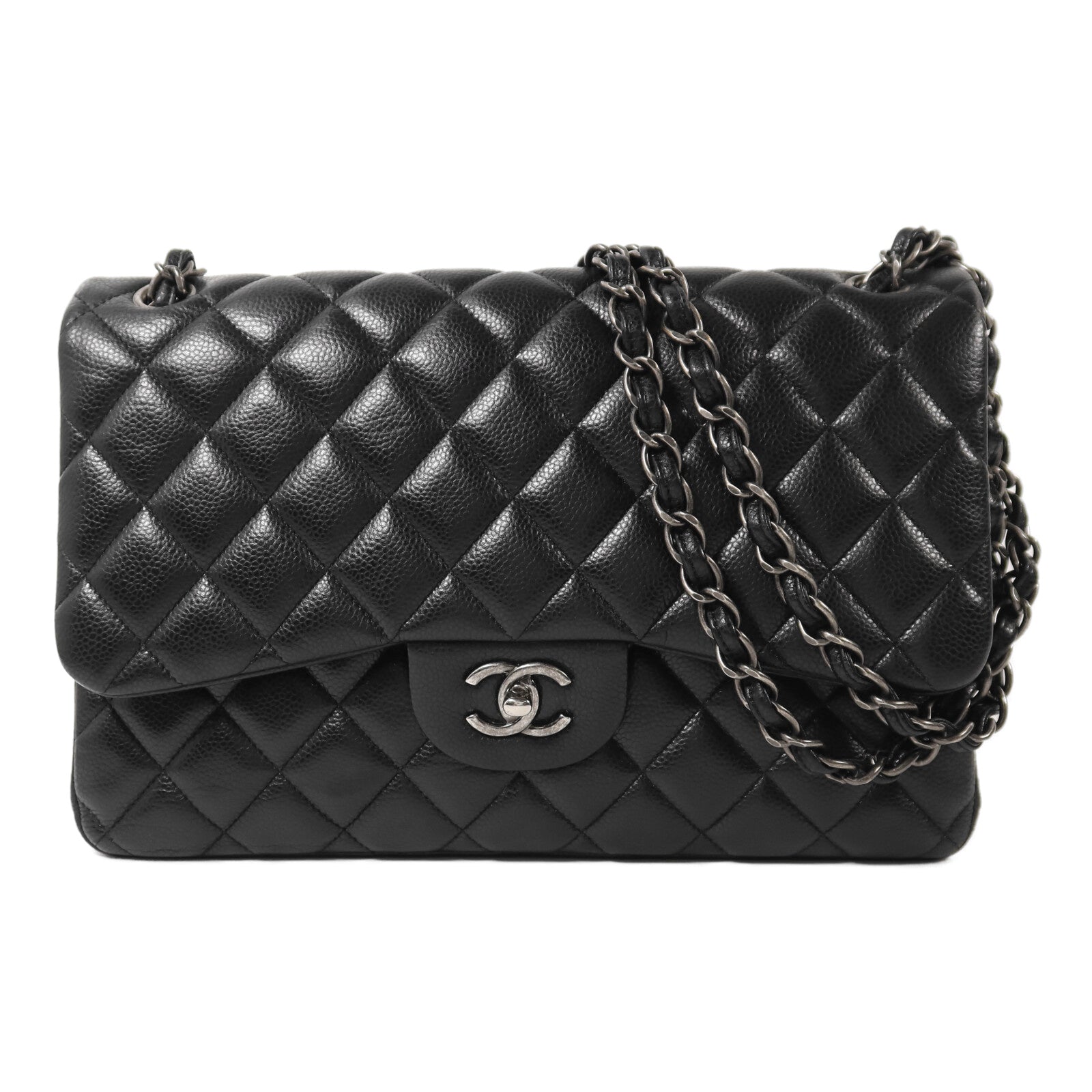 CHANEL 牛皮皮革Large Classic銀扣鏈帶肩背袋