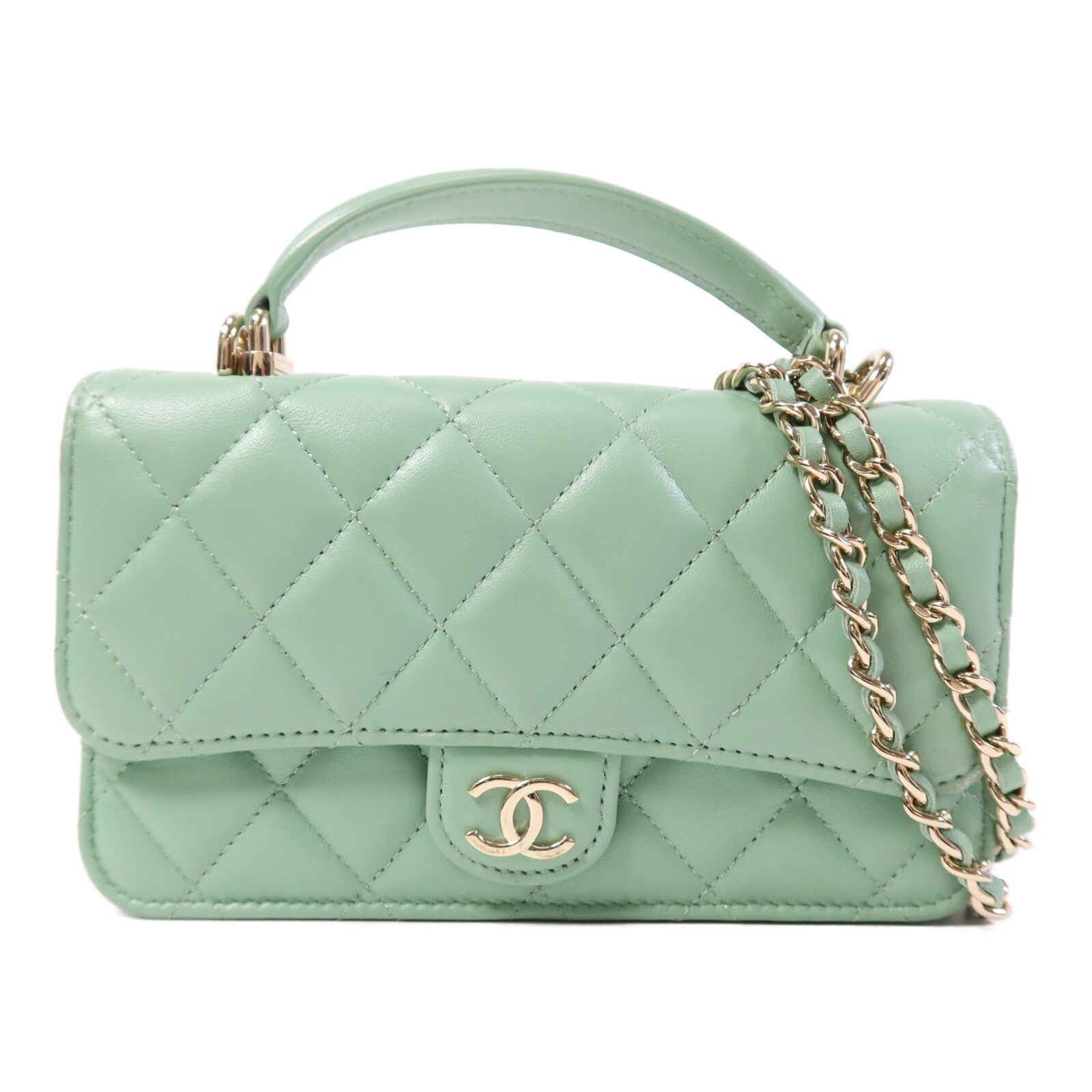 CHANEL 羊皮皮革WOC Wallet On Chain With Handle金扣鏈帶手挽肩背兩用袋