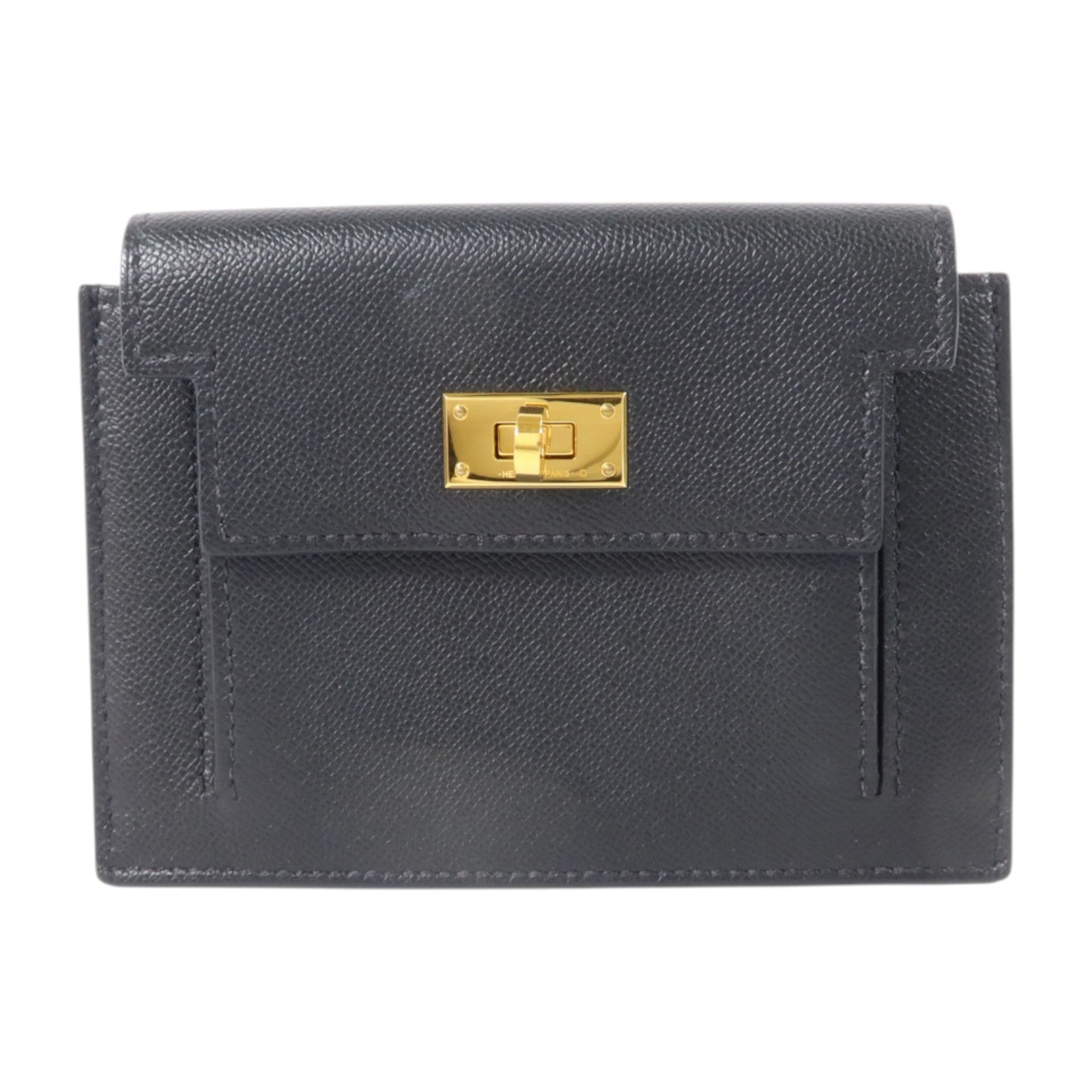 HERMES Madame皮革Kelly Pocket Compact Wallet金扣錢包Noir