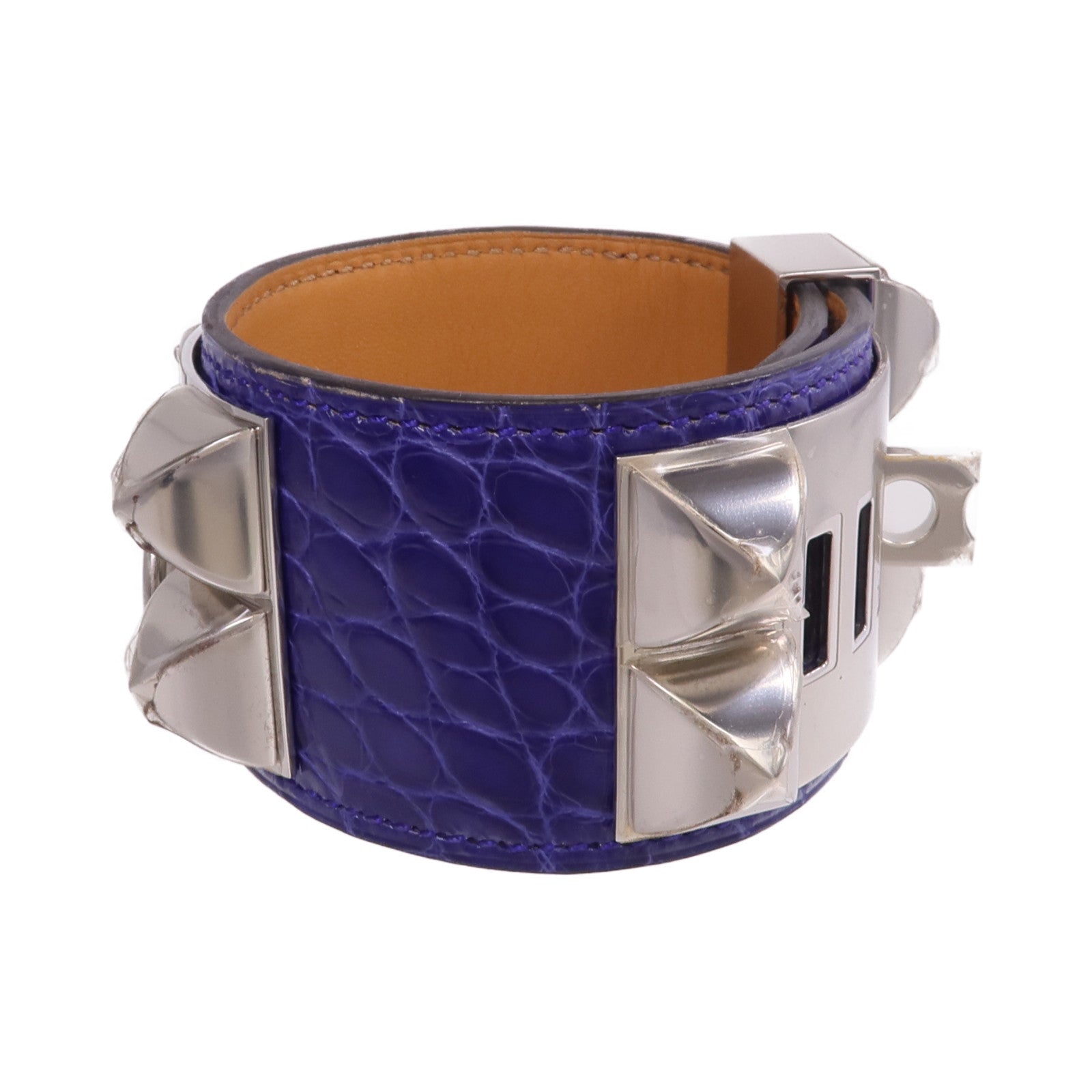 HERMES 【激減優惠】Alligator皮革Collier de Chien Bracelet銀扣手帶Bleu Electrique