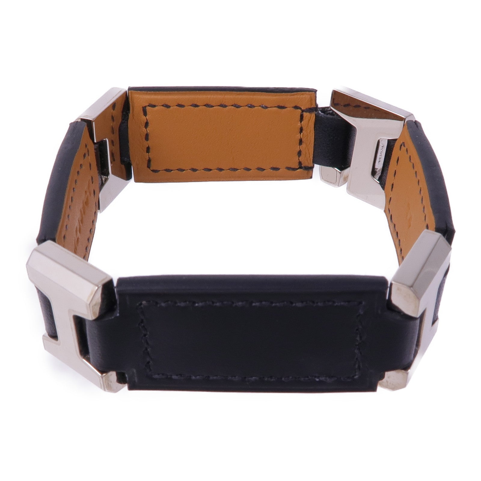 HERMES 皮革Bracelet銀扣手帶Noir