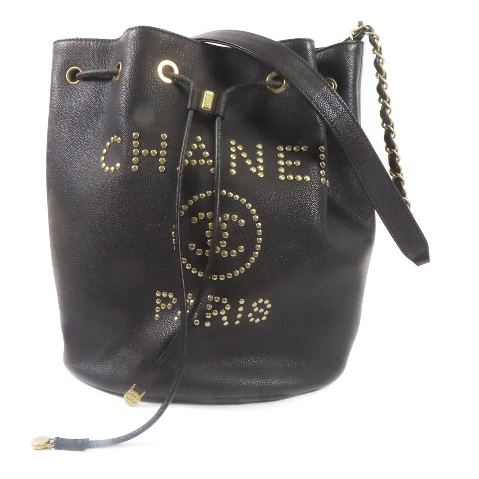 CHANEL CC GHW Deauville Drawstring Bucket Bag AS1045 Calfskin Leather Black