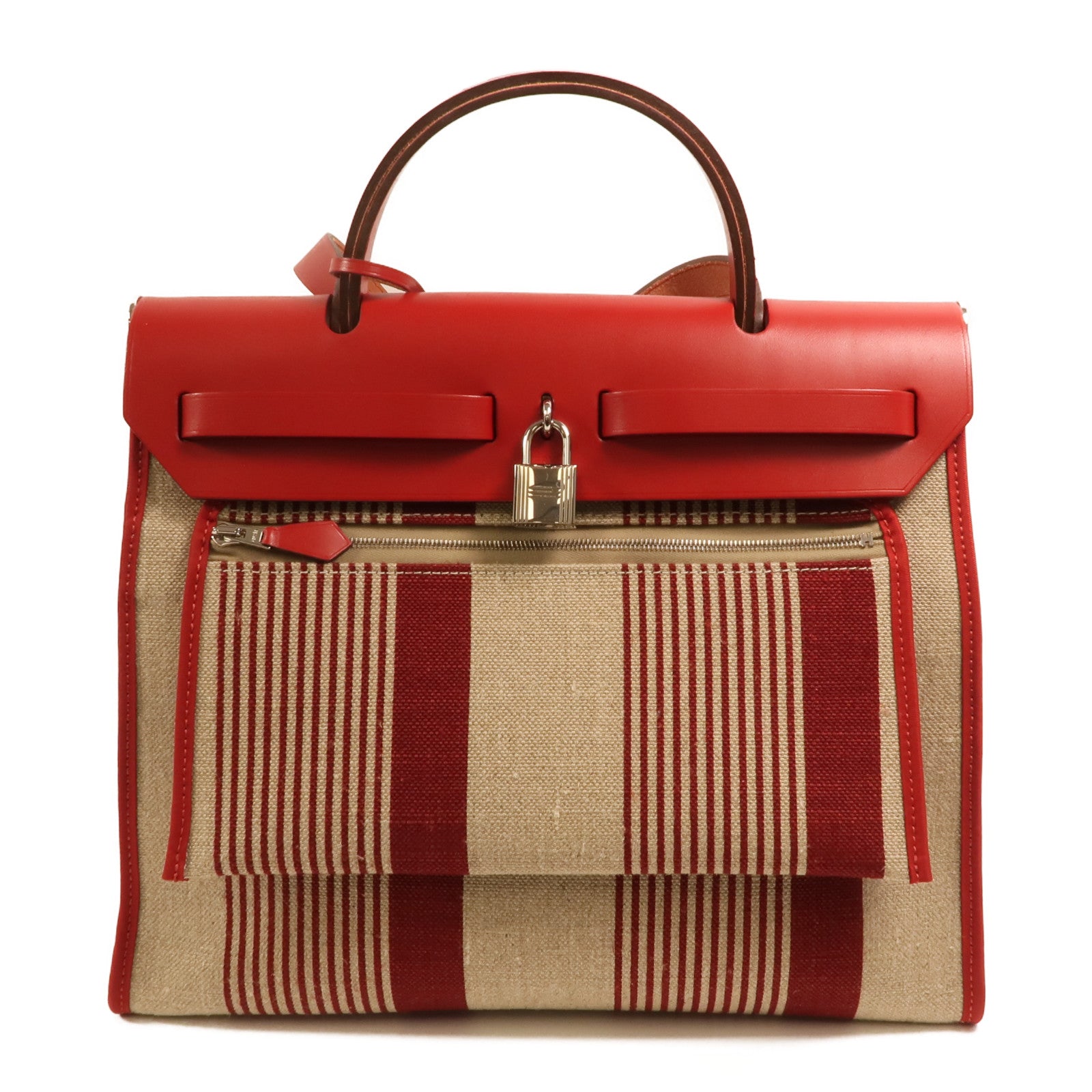 HERMES Toile H帆布Herbag PM手挽肩背兩用袋Rouge Piment/Bordeaux