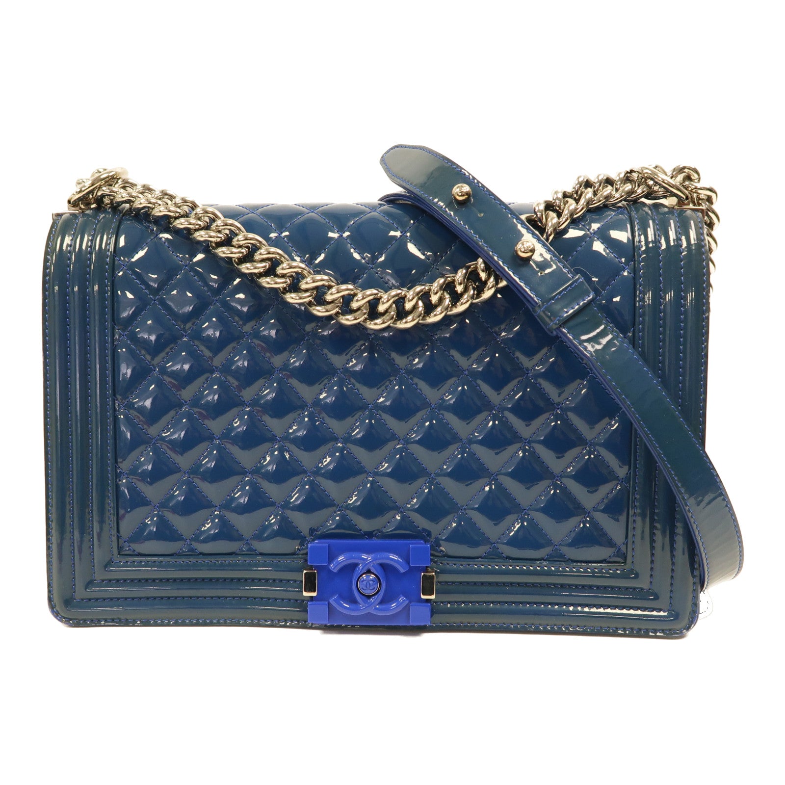 CHANEL CC SHW Boy 28 Chain Shoulder Bag Patent Leather Blue