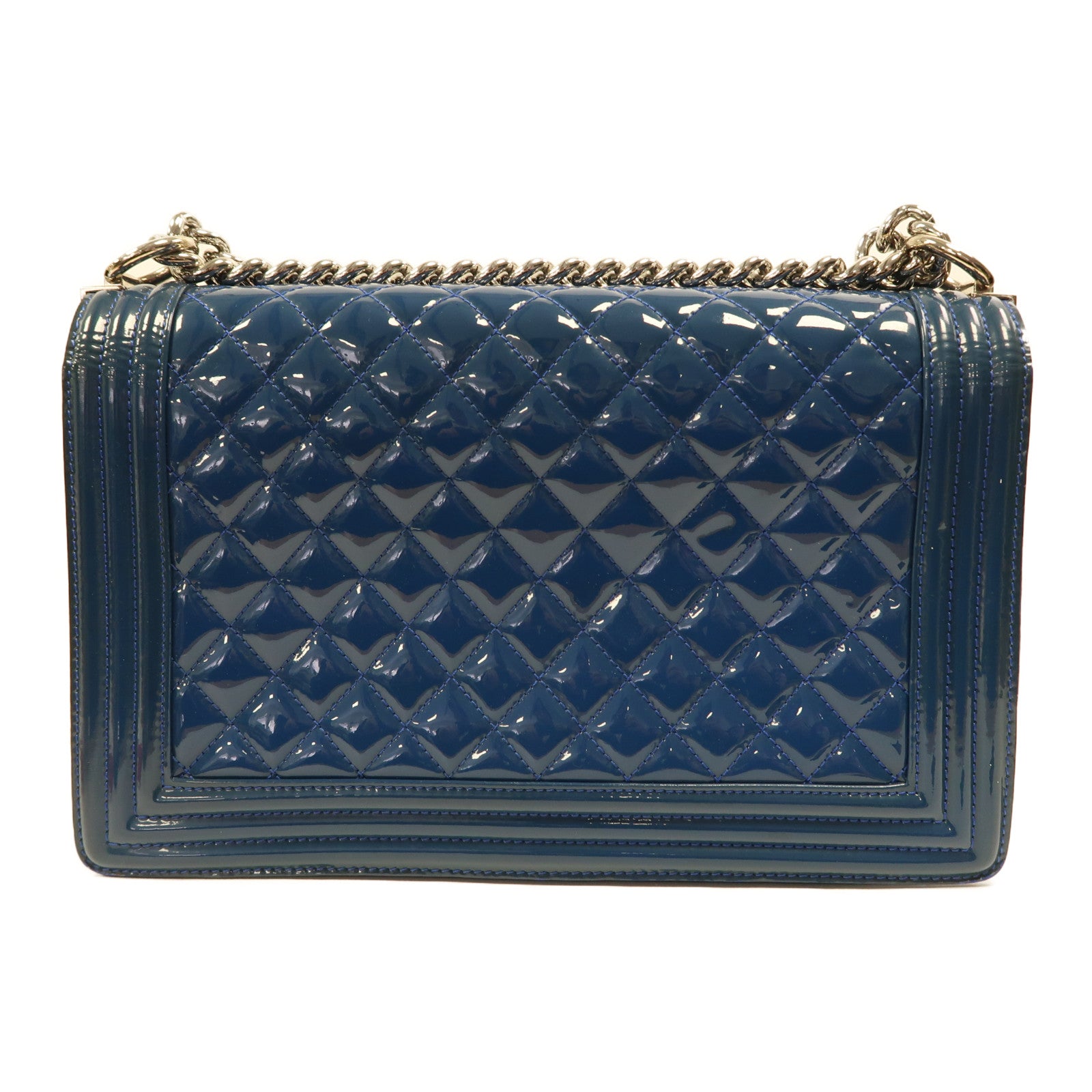 CHANEL CC SHW Boy 28 Chain Shoulder Bag Patent Leather Blue