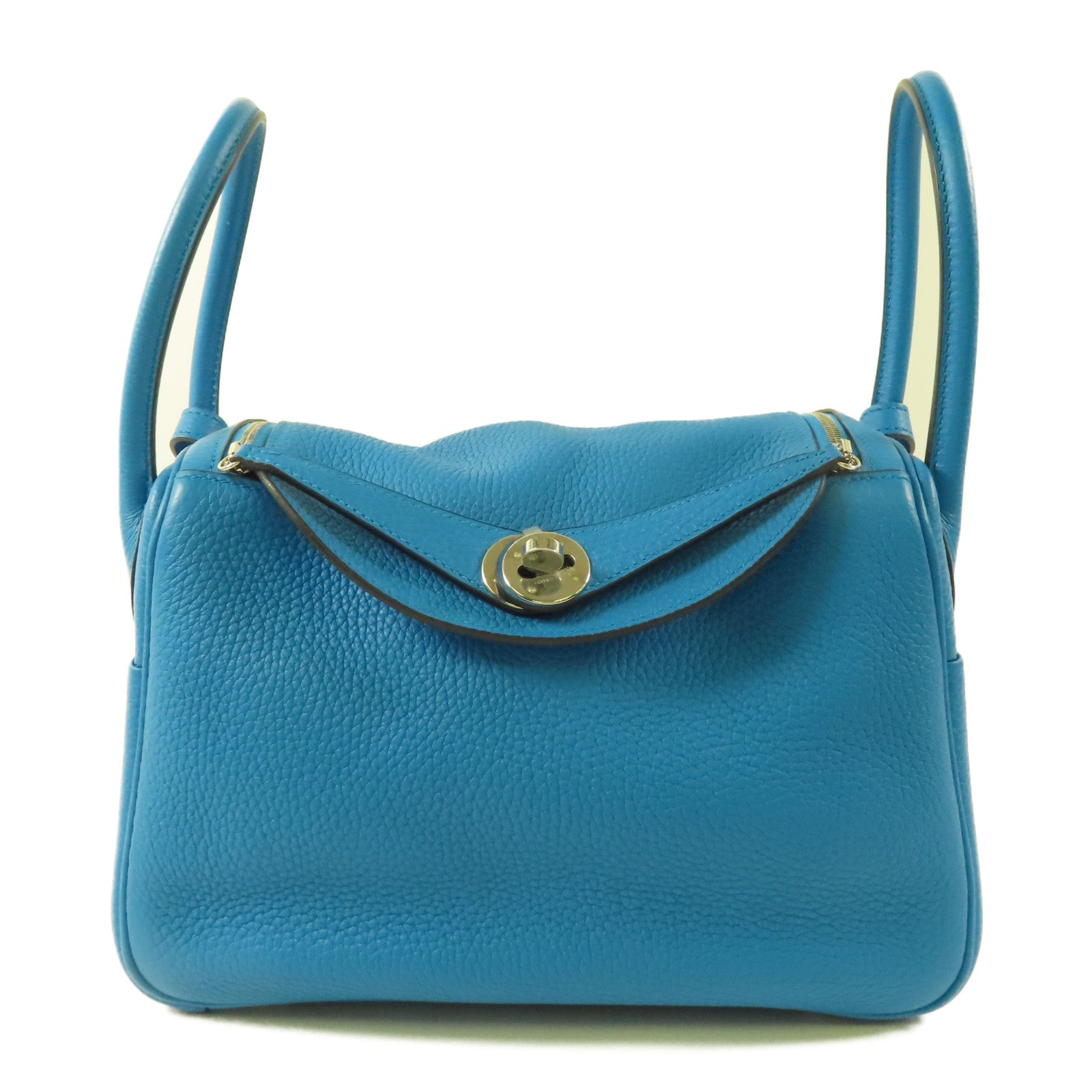 HERMES Clemence皮革Lindy 26銀扣手挽肩背兩用袋Bleu Frida