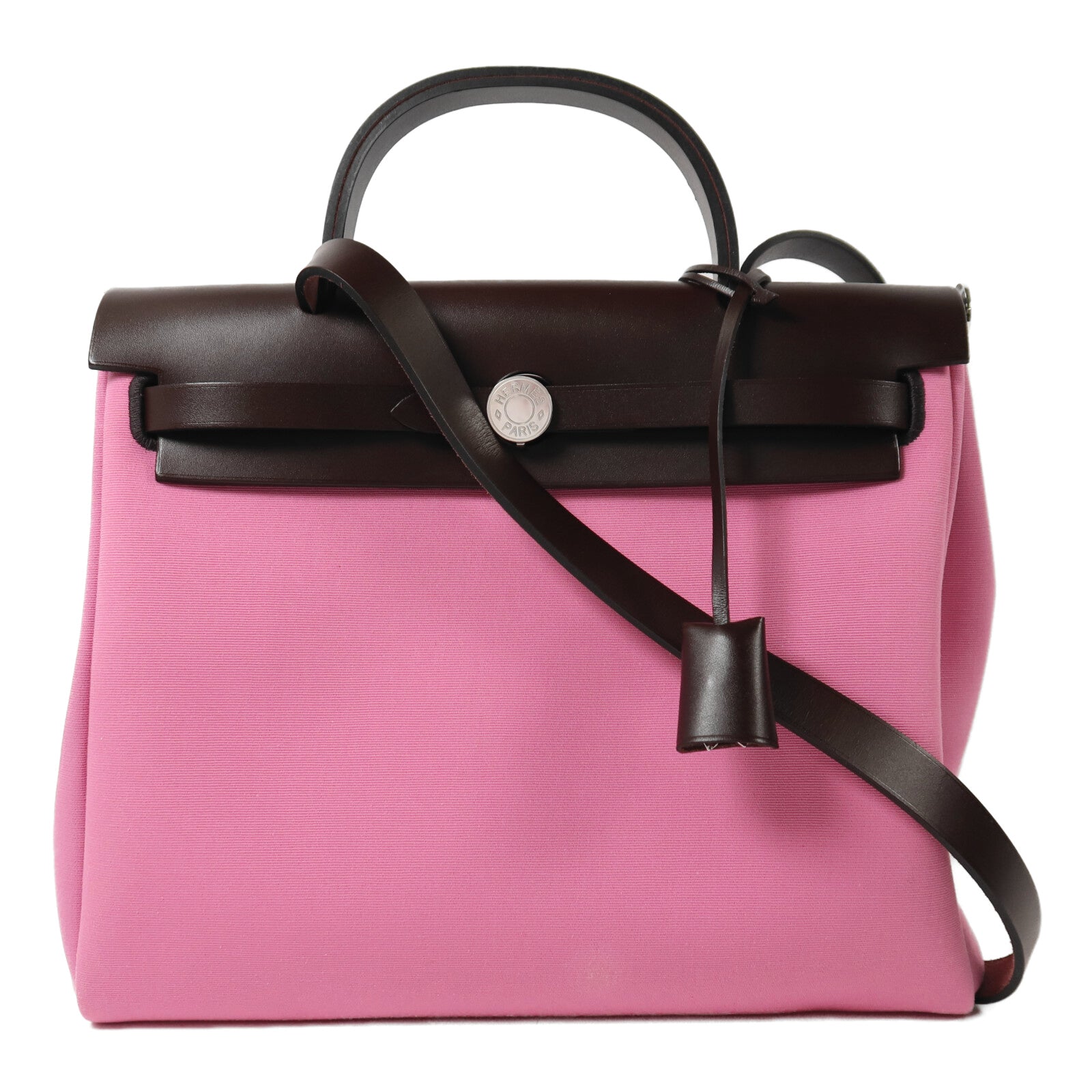 HERMES 帆布/Vache Hunter皮革Herbag PM銀扣手挽肩背兩用袋Bubble Gum/Rough H