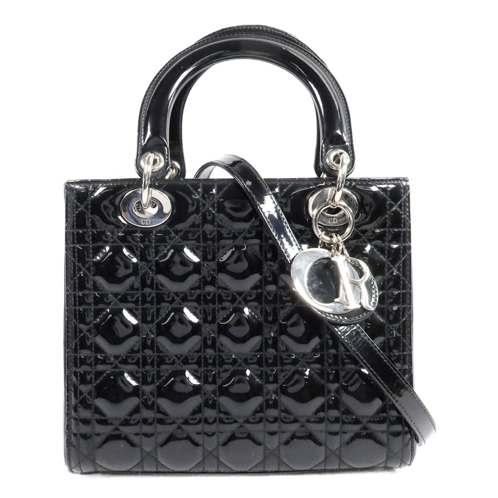 Dior 漆皮皮革Lady Dior Medium金扣手挽肩背兩用袋